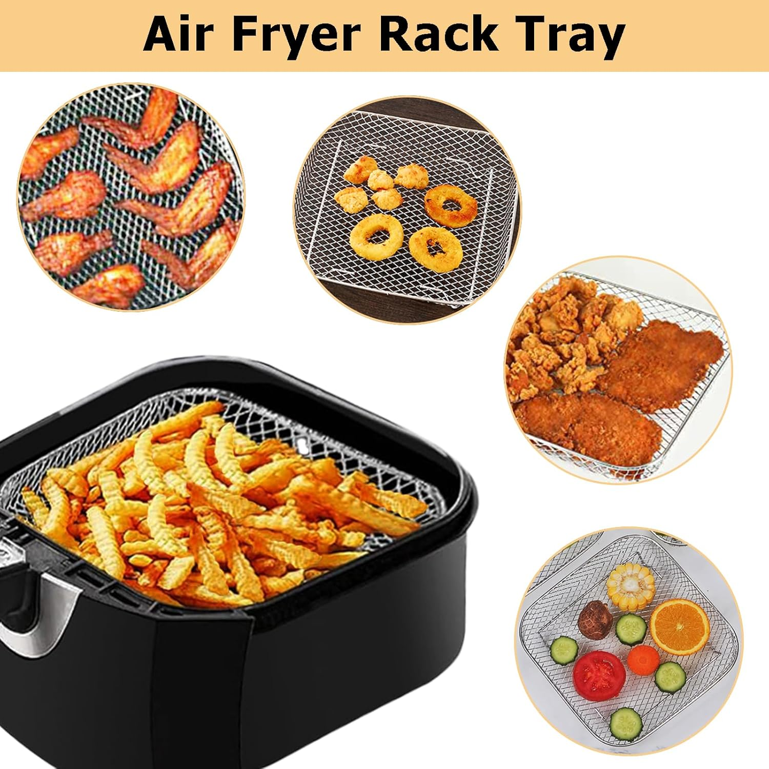 Veldtek 3-Layer Air Fryer Racks Square 304 Stainless Steel Grill Dehydrator Rack Stackable Air Fryer Basket Tray for Oven (Square)