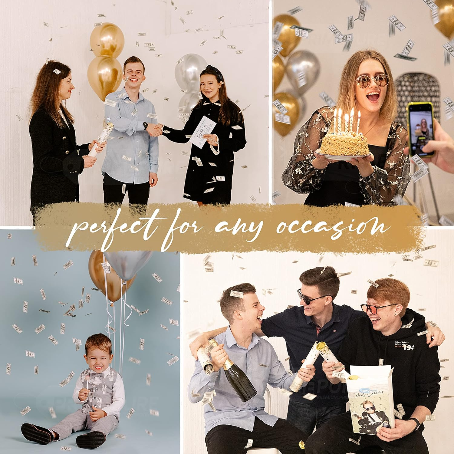 Primepure Confetti Cannon Party Poppers - Mini 100 Dollar Money Confetti Poppers - 2 Pack - Paper Money Bill Party Favours Gun for Wedding, Birthday, Celebrations image number 6