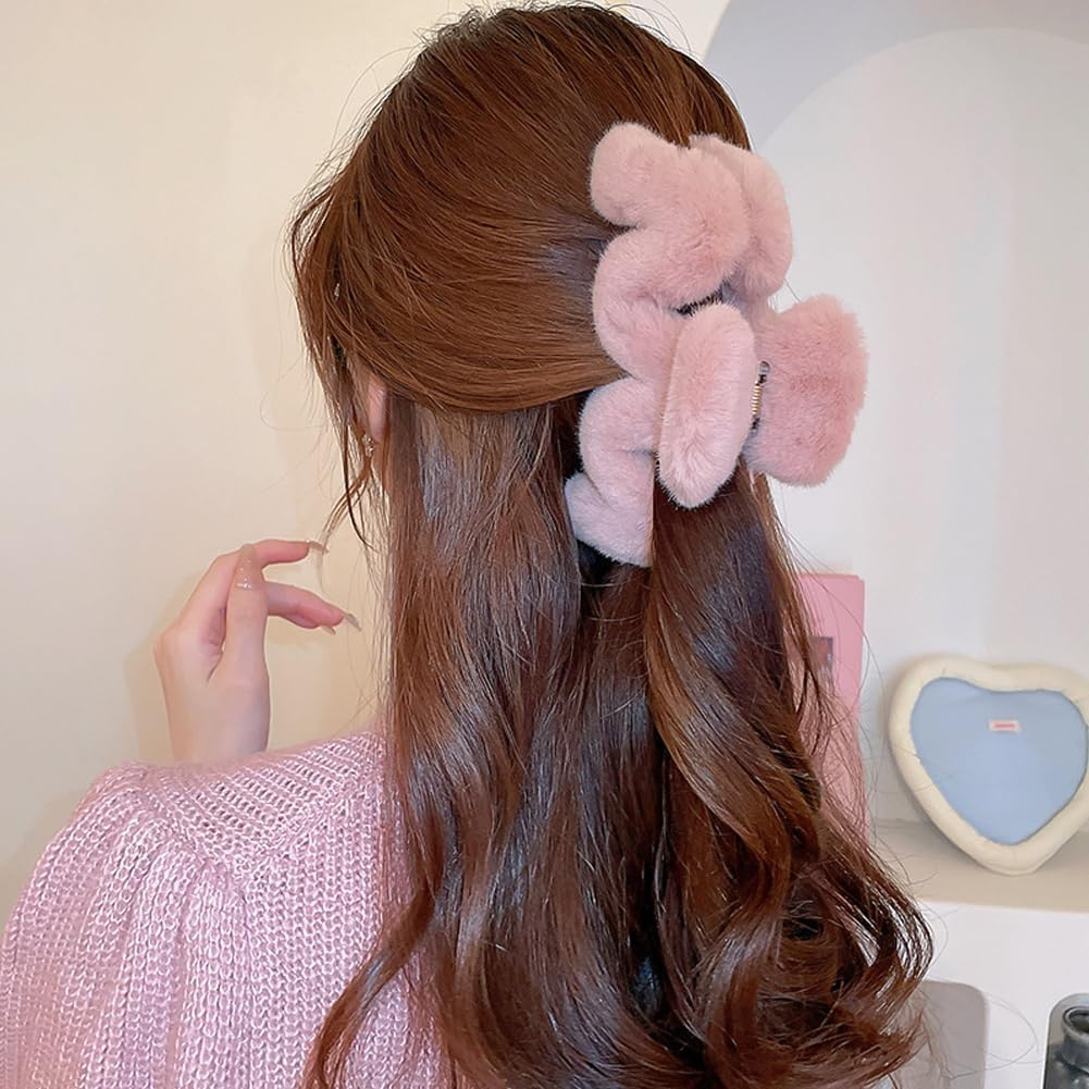 2 Pcs Fuzzy Fluffy Plush Large Hair Claw Clips Pink Blue Cute Wavy Hair Claws M-Shaped Jumbo Jaw Clips Strong Hold Hair Clips for Thick Long Curly Hair Women Girls (Leather Powder+Light Blue, One Size) image number 6