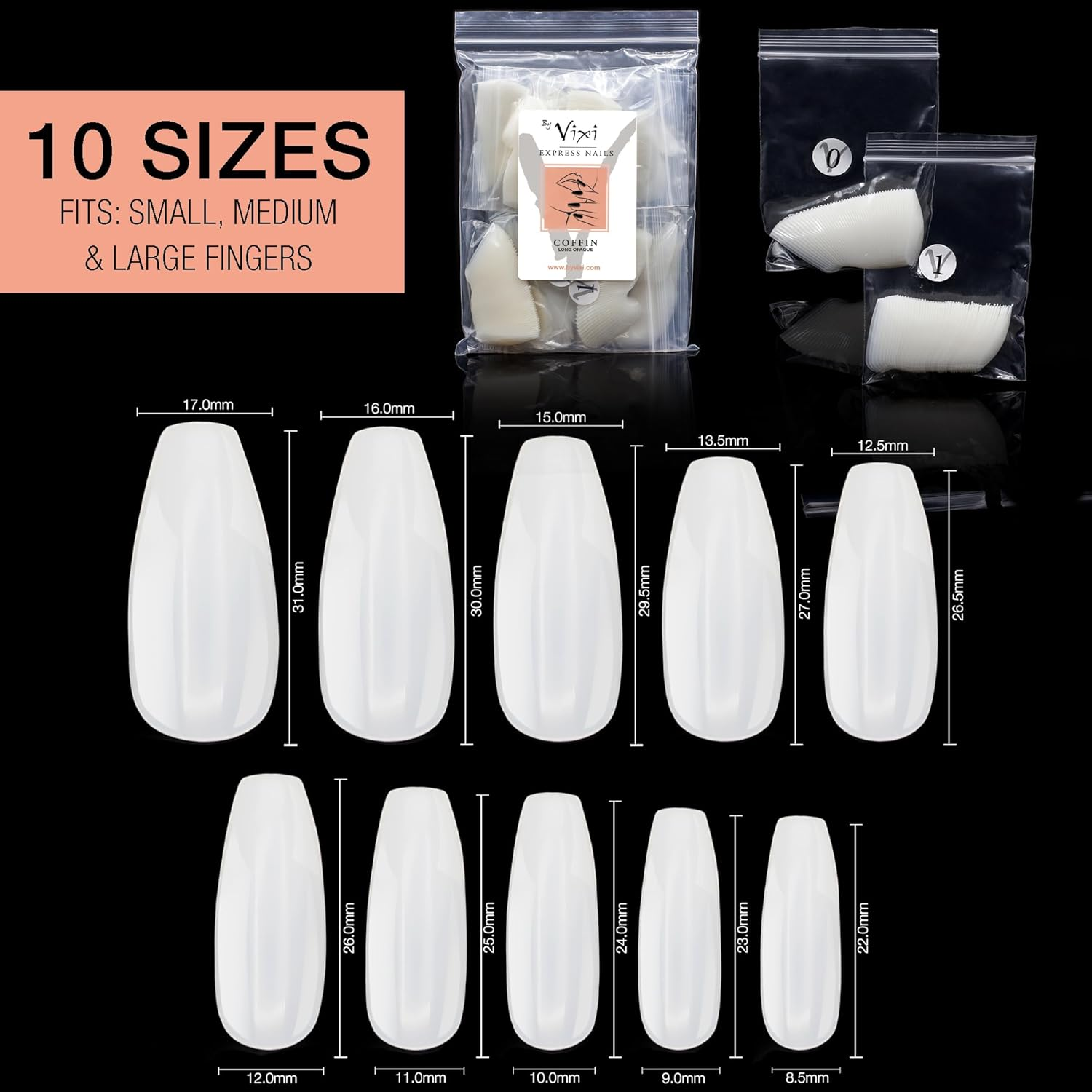 By Vixi 500 LONG COFFIN/BALLERINA NAIL SET with PREP FILE, 10 Sizes - Opaque Express Full Cover False Fingernail Extensions for Salon Professionals & Home Use - Coffin Short image number 4