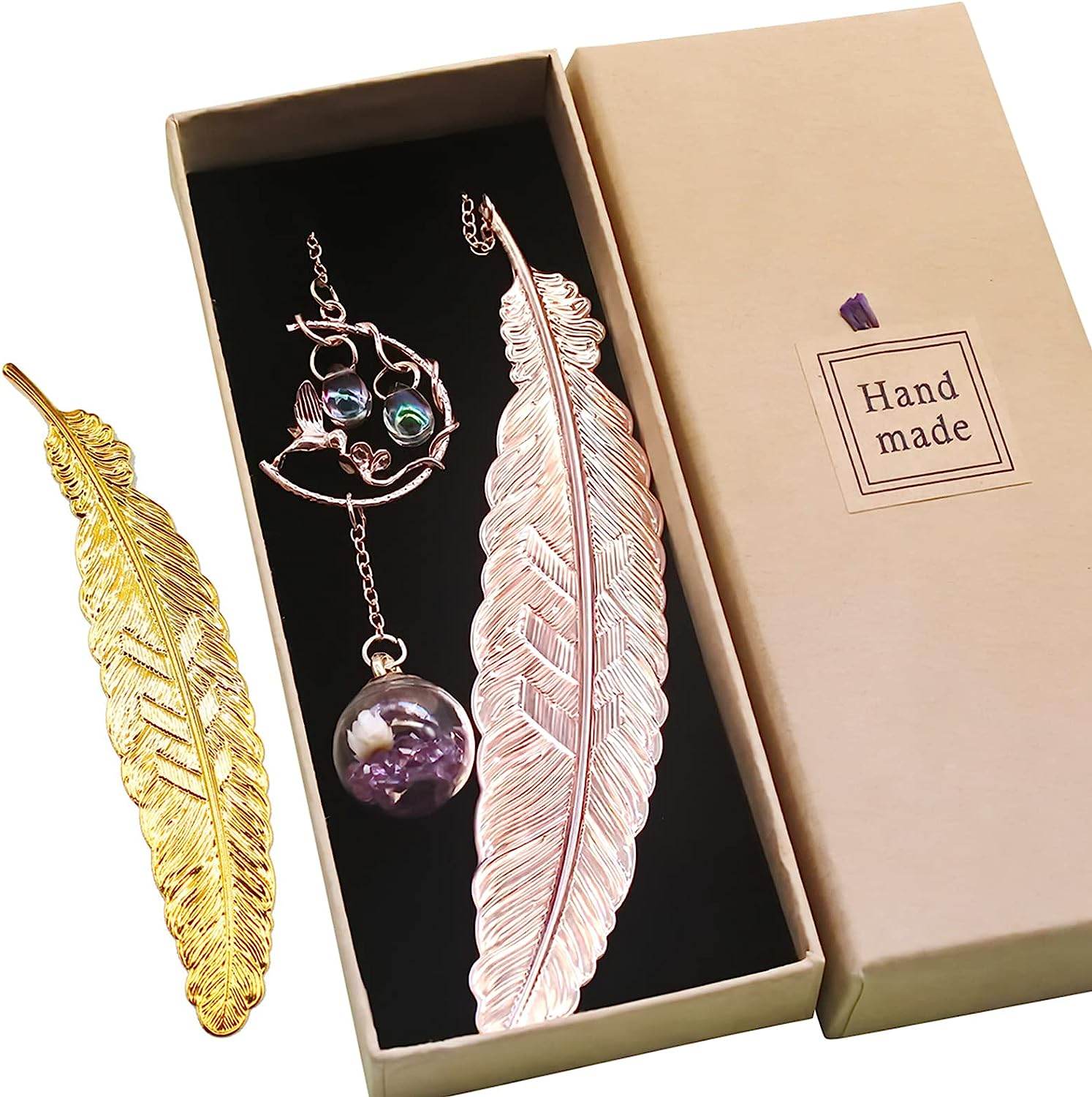 SAYEEC Metal Feather Bookmark Rose Gold Bookmarks with 3D Hummingbird Pendant Unique Book Marks Page Marker Teacher Appreciation Mother'S Day Valentine'S Day Birthday Gifts for Women Girls Book Lovers image number 1