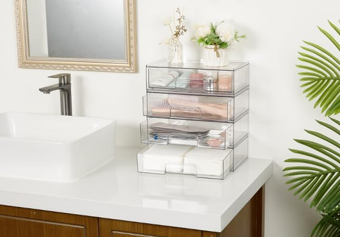 Vtopmart 12''W Clear Stackable Storage Drawers,4 Pack Acrylic Plastic Organizers Bins for Makeup Palettes, Cosmetics, and Beauty Supplies,Ideal for Vanity, Bathroom,Cabinet,Desk Organization image number 3