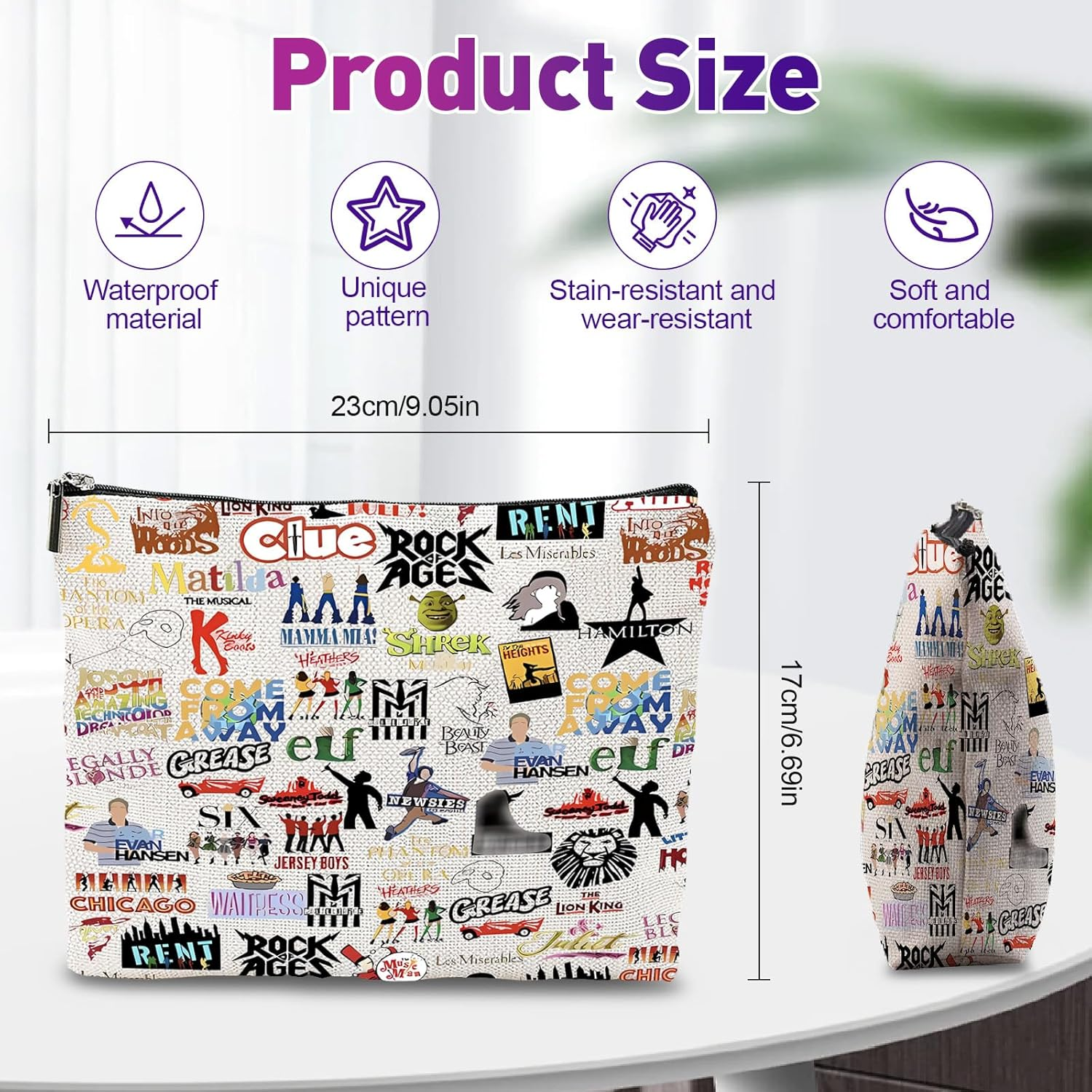 Broadway Makeup Bag Musical Theatre Gifts, Double-Sided Printing Waterproof Musical Zipper Pouch Cosmetic Bag for Women, Drama Teacher Gifts for Theatre Fans