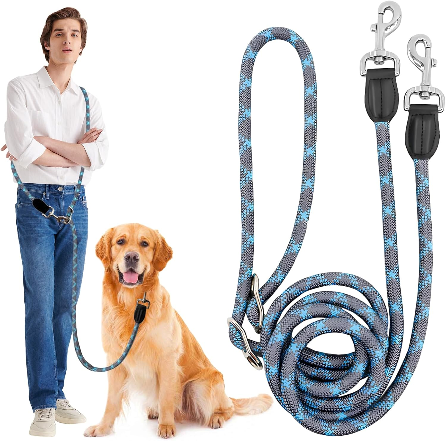 Multifunctional Dog Lead Hands-Free Dog Lead Strong Dog Training Lead 2.6 M Adjustable Dog Lead Double Lead Reflective Nylon Lead Pet Dog Lead for Walking, Running, Training