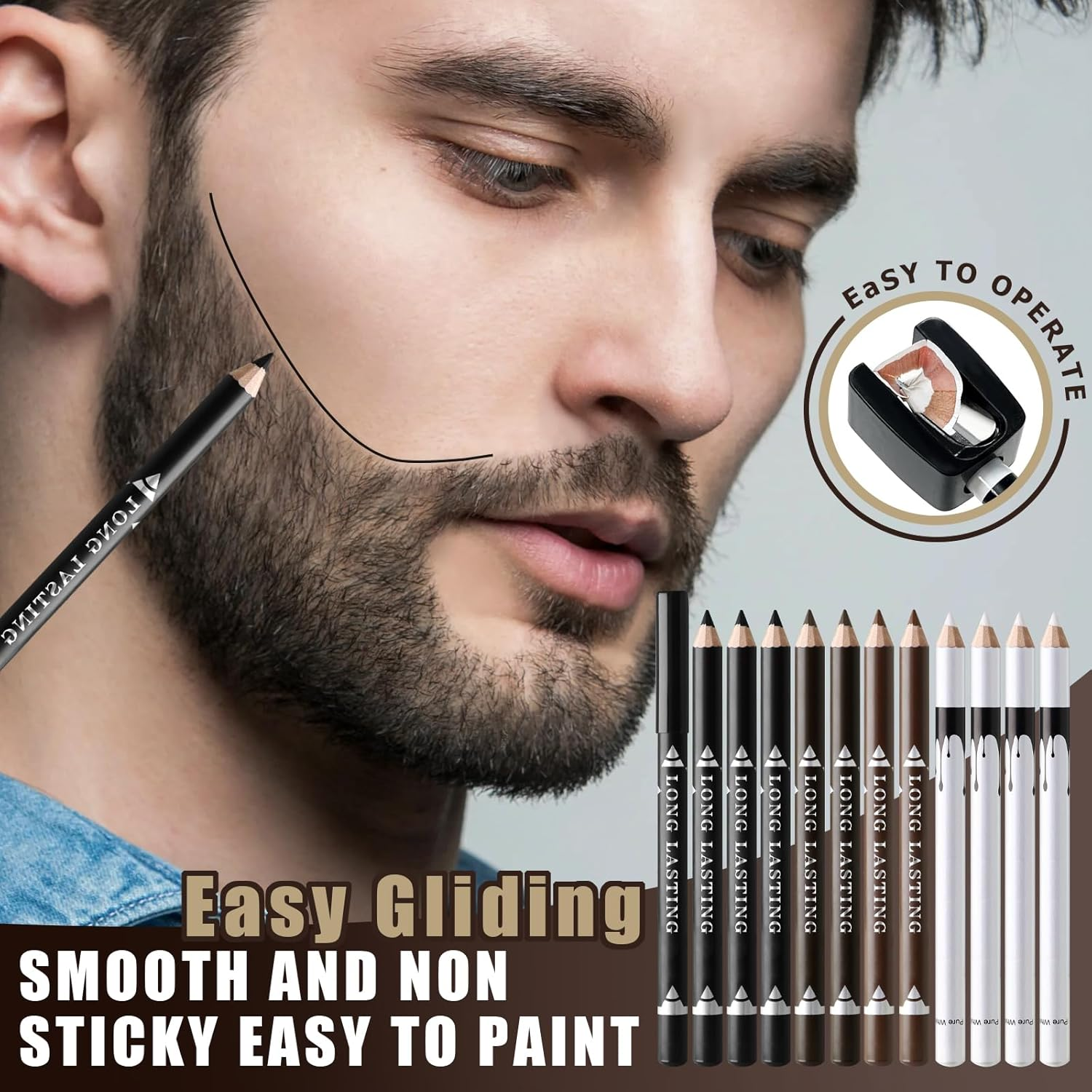Noerrors Hairdresser Pencil Set for Beard Shaping Guide Pen 12 Pieces Magic Hairline Pencils with Sharpener Hairdressing Chalk White Black Dark Brown Light Brown for Men Makeup image number 4