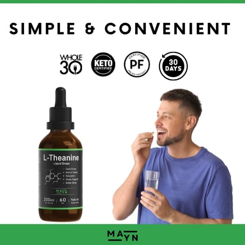 MAYN L-Theanine Liquid Drops &ndash; Natural Relaxation, Stress Relief & Focus Support Supplement &ndash; 200Mg Vegan, Non-Gmo, Clean Formula for Calm Mood & Mental Clarity &ndash; 60Ml image number 2