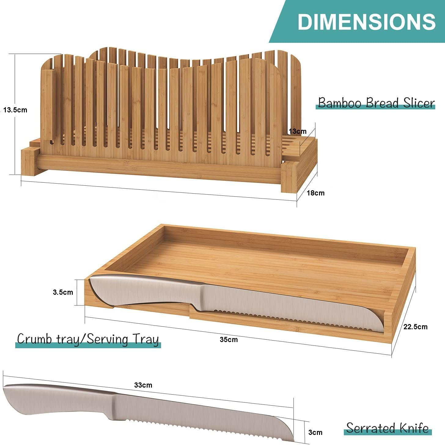 Dxzephious Bread Slicer for Homemade Bread,Cakes, Bagels- Bamboo Bread Slicer with Serrated Knife, Adjustable Guide for 3 Thickness Sizes, Foldable Chopping Board with Crumb Tray& Knife image number 5