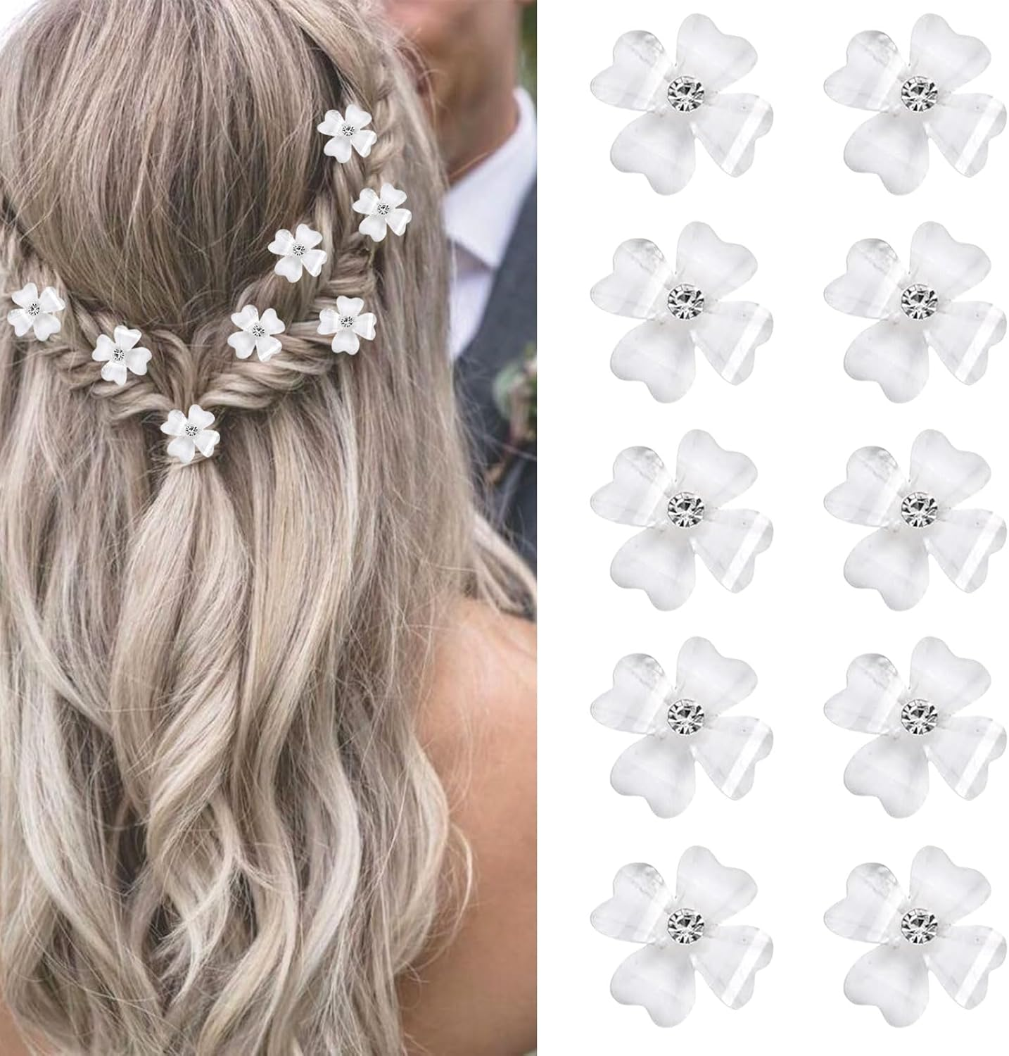 Mezrkuwr 10Pcs Mini White Flower Rhinestone Hair Clips Small Decorative Hair Clips Wedding Hair Clips Bridal Hair Accessories image number 2