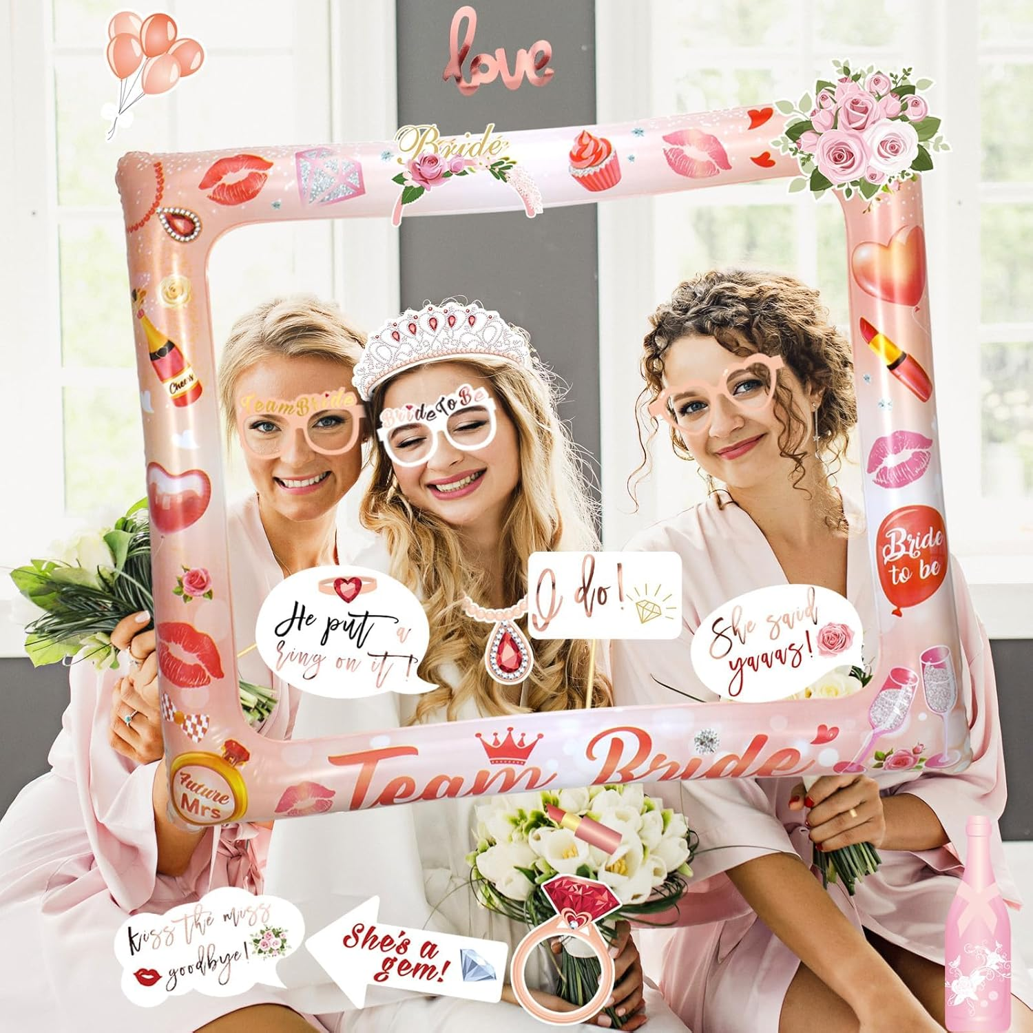 Hapurs 23Pcs Rose Gold Hen Party Photo Booth Props - Giant Inflatable Team Bride Selfie Frame & Hen Night Do Party Games Accessories (Style A) image number 6
