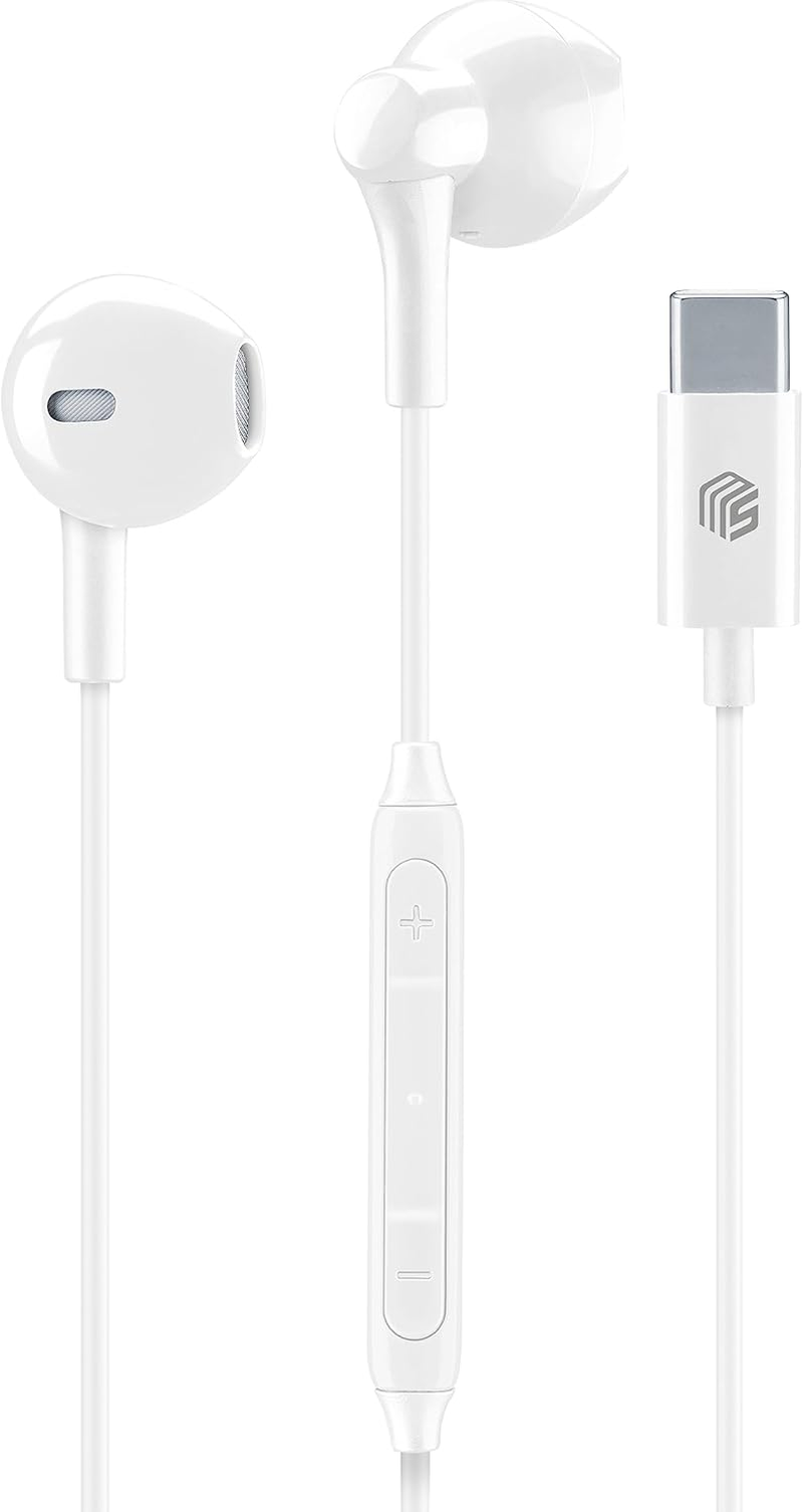 Music Sound | Wired Capsule Headphones | Capsule Headphones with Wired and Built-In Microphone - USB-C Port - 1.2M Anti-Tangle Cable - White