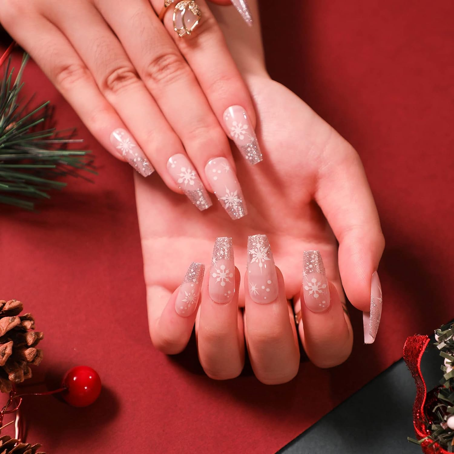 24-PCS Christmas Press on Nails Medium Fake Nails Snowflake Pattern False Nails Silver Glitter Fake Nails Glossy False Nails Full Cover Acrylic Nails for Women & Girls image number 2