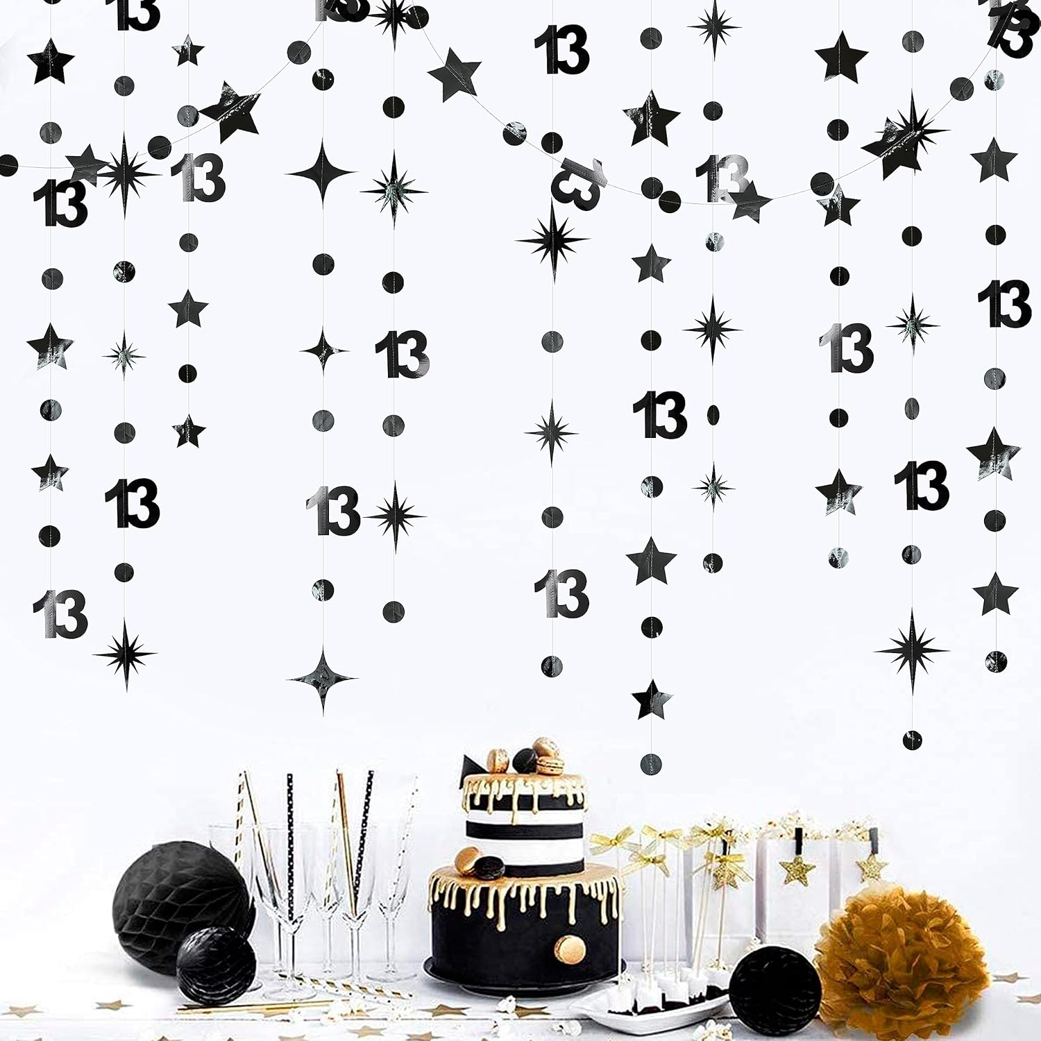 Black 13Th Polka Dot Star Garland Streamer Metallic Paper Black 13 Sign Hanging Bunting Banner for Boy Official Teenager Thirteen Birthday Happy 13 Years Old 13Th Anniversary Party Decoration Supplies image number 6