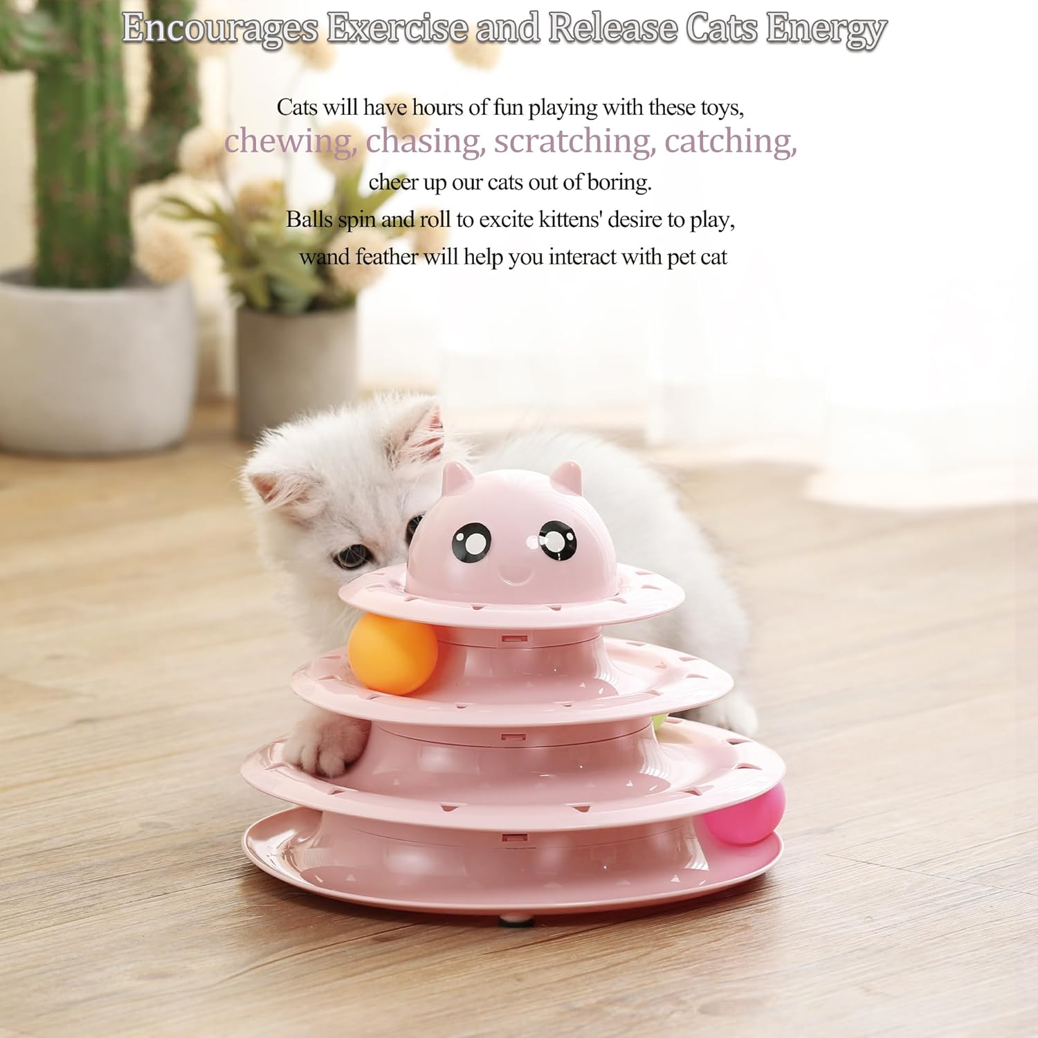 Vealind Pet Interactive Fun Roller Exerciser 3 Level Tower of Tracks Cat Teaser Ball Toy(Pink) image number 5