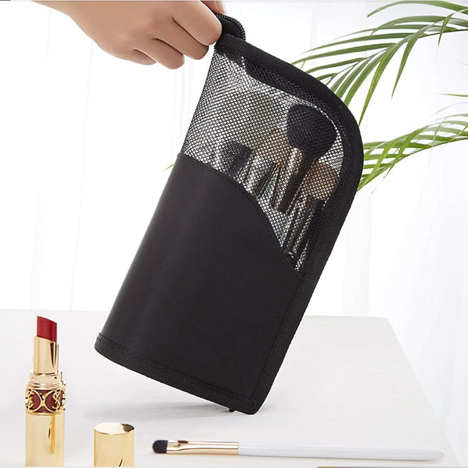 Makeup Brush Holder Travel, Mesh Cosmetic Organizer Bag with Zipper (Black) - Black image number 6