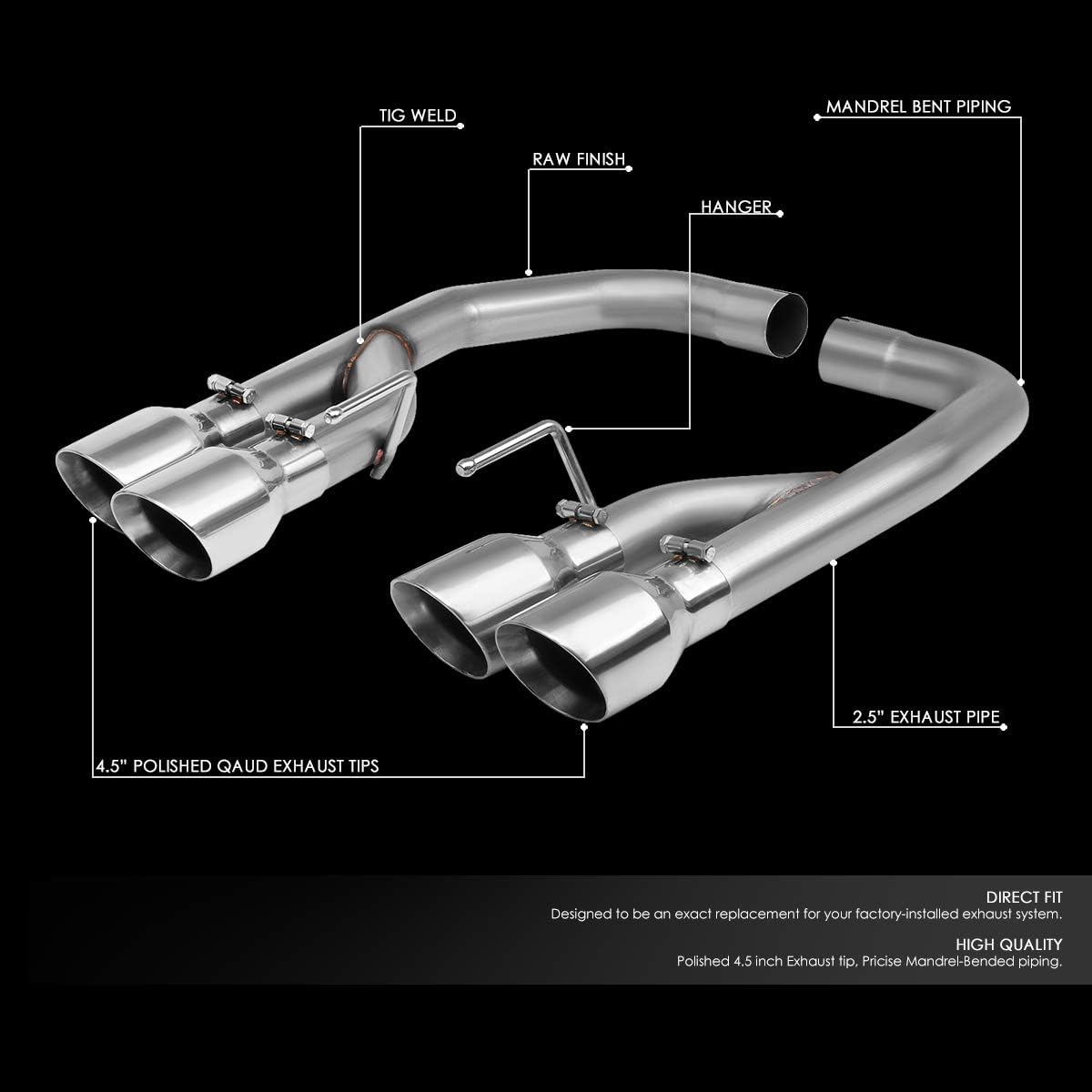 DNA MOTORING Metallic CBE-MU-FM18-50L Axle-Back Catback Exhaust Kit+4 Inches Muffler Stainless Steel Tip Fit 18-20 Mustang 5.0L image number 4