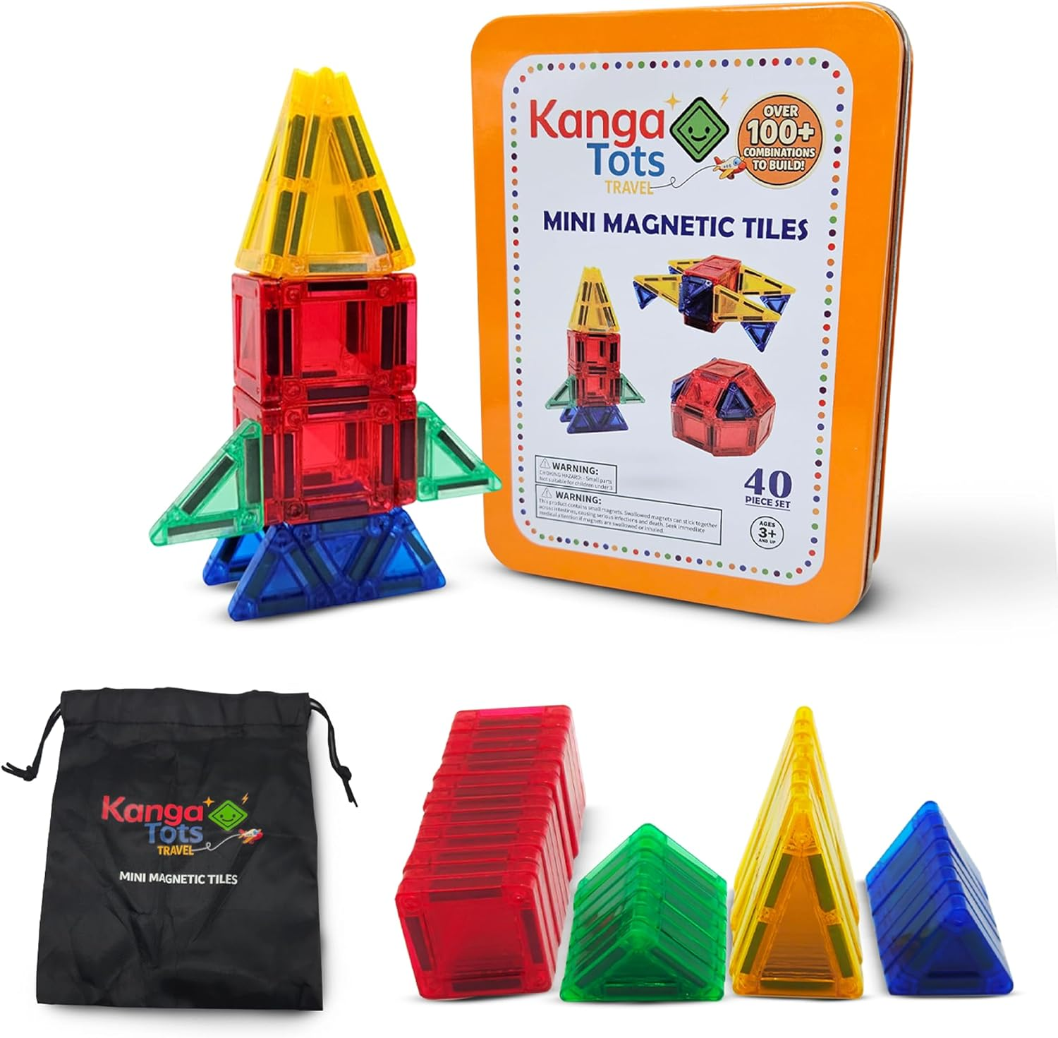 KANGATOTS Travel Premium Mini Magnetic Tiles 40 Piece Set Travel Toy for Kids | Children'S Toys & Games for On-The-Go Play | Educational Toys for 3 Year Old and up | Endless Fun with Magnets |