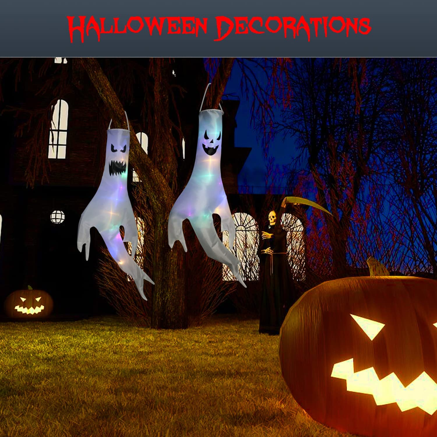 Halloween Decorations,2 Pack 57''Halloween Inflatables Glowing Hanging Flags Decor,Halloween Outdoor Decorations Ghost Windsocks with LED Light,Halloween Yard Decorations for Party Indoor Outdoor image number 4