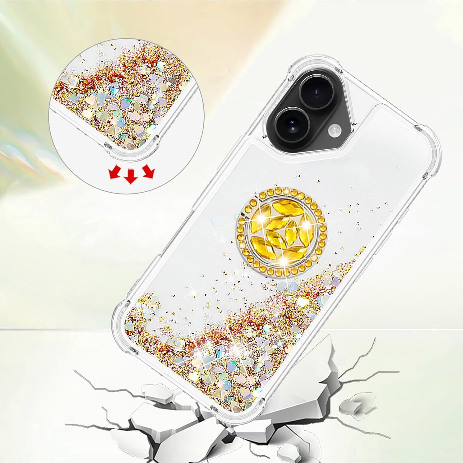IMEIKONST Glitter Case for Iphone 17 Mobile Phone Case with Ring Stand, Sequins Liquid Quicksand Transparent Protective Case Shockproof TPU Cover for Iphone 17 Love Gold YBZ image number 5