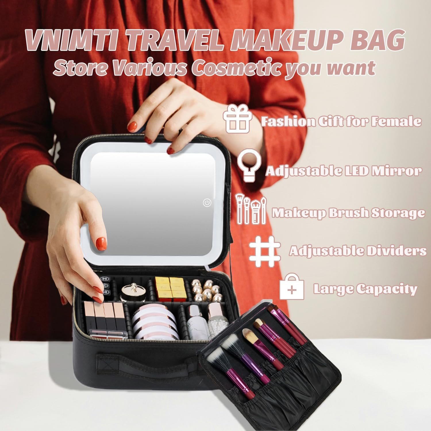 VNIMTI Travel Makeup Bag with LED Mirror, Makeup Train Case for Women, Portable Cosmetic Bag with Brush Organizer Storage Box Vanity Case, Adjustable Divider, 3 Color Brightness, Rechargeable, Pink image number 4