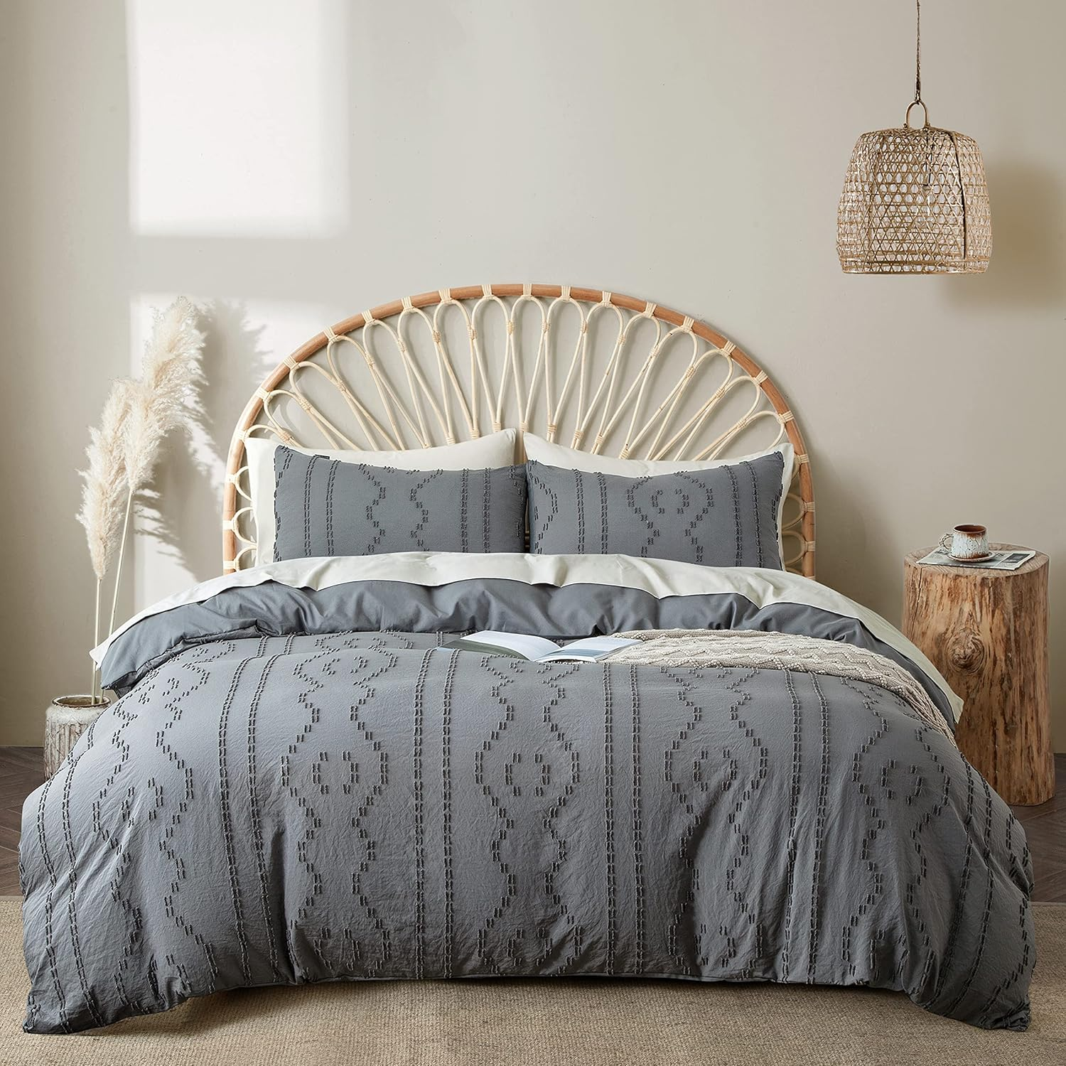 Mullum Mullum Quilt Cover Single Size, Shabby Chic Tufted Beige Duvet Cover Set, 2PCS Soft and Breathable Textured Boho Bedding Set with Zipper Closure (Light Grey, Single)