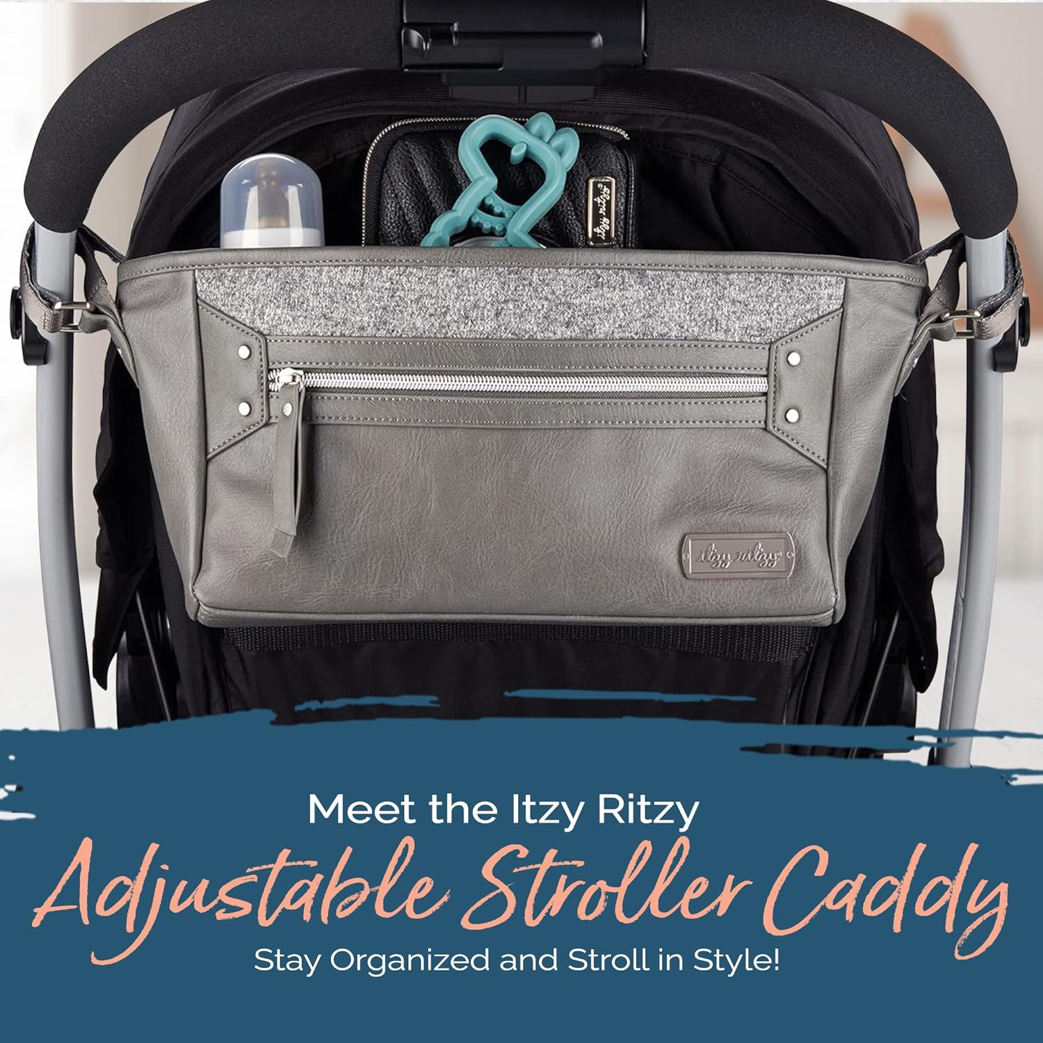 Itzy Ritzy Adjustable Stroller Caddy, Stroller Organizer Featuring Two Built-In Pockets, Front Zippered Pocket and Adjustable Straps to Fit Nearly Any Stroller, Grayson image number 6