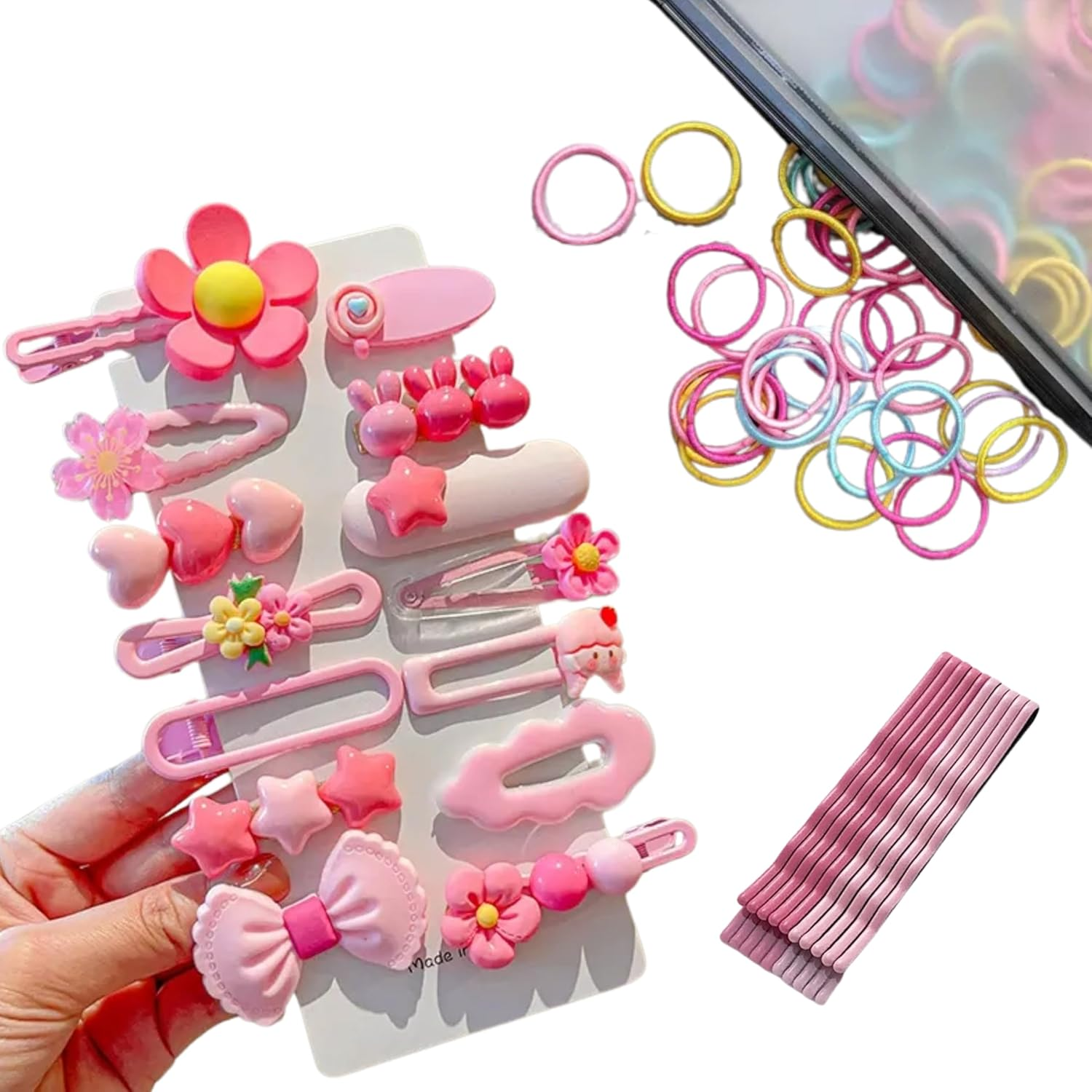 124-Piece Kids Hair Accessories Set, 14 Pcs Decorative Hair Clips with Hearts Stars Flowers Bows, 100 Hair Ties, 10 Bobby Pins (Pink)