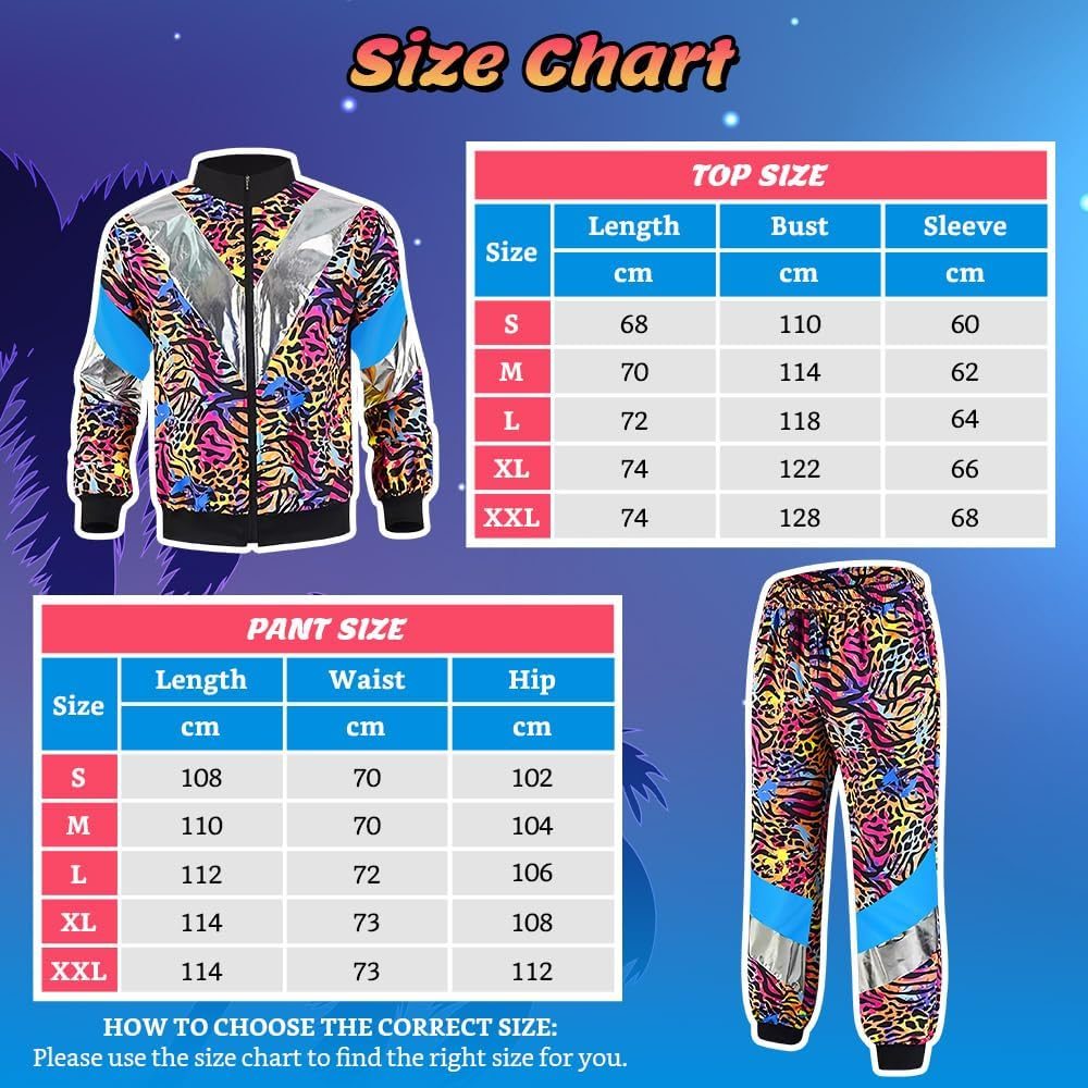 AUTOWT 70S 80S Shell Suit with Leopard Pattern, Women Men Lightweight Long Sleeve Zippered Jacket Pant Set, Color Block Retro Disco Sportswear Hip Hop Tracksuit for Rock Festivals Carnival Party image number 1