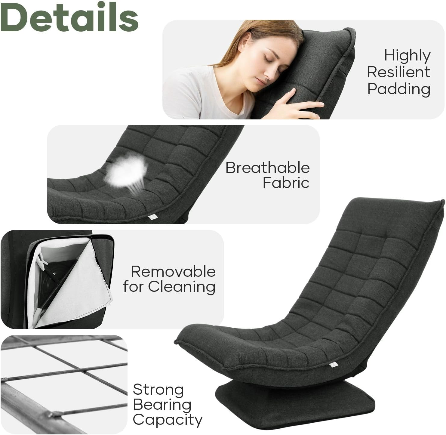 Luxsuite Swivel Floor Chair 3-Position Adjustable Folding Lazy Sofa Lounger Bed for Home & Living Room Chaise Lounge Indoor Dark Grey image number 1