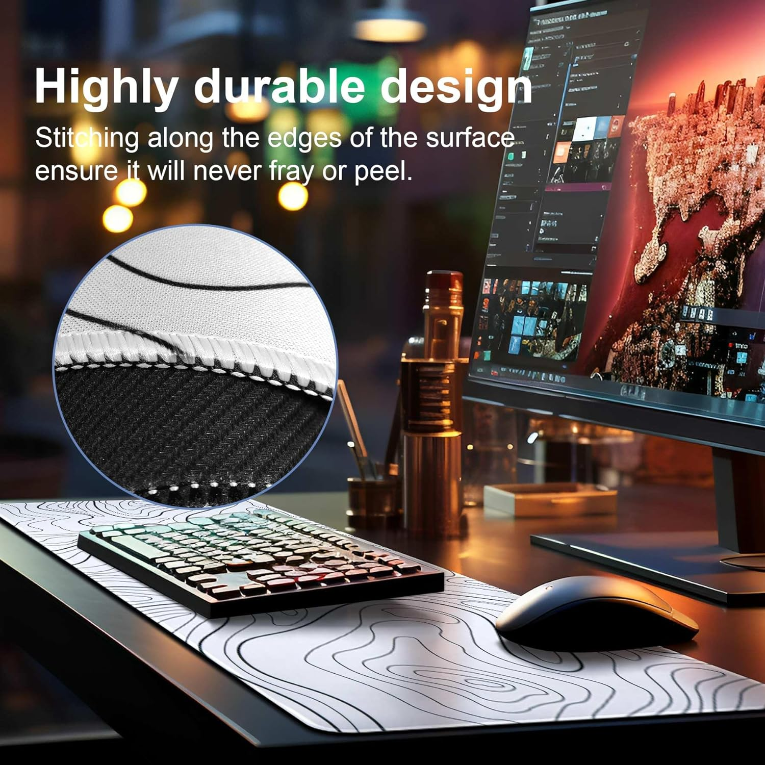 DAWNTREES 140X60Cm Mouse Pad,Gaming Mouse Pad Keyboard Pad, Topographic Desk Pad Black and White Mouse Mat for Keyboard with Anti-Slip Rubber Base. (White Topographic, 140X60Cm) image number 2