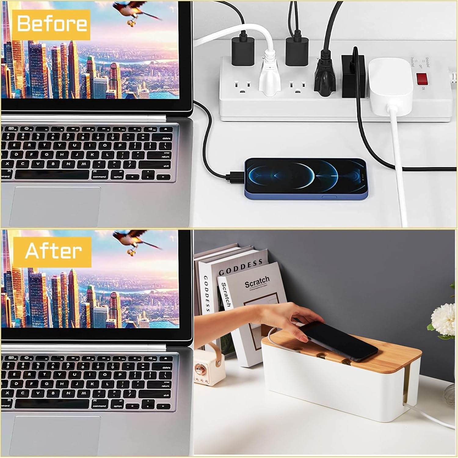 Cable Management Box - 3Pack Medium & Large Cord Organizer for Desk & Floor, Cable Organizer Box for Child & Pet - Cable Box Hider for Tidy Office & Home (Bamboo Print Lid, White Box, Pack of 3) image number 4