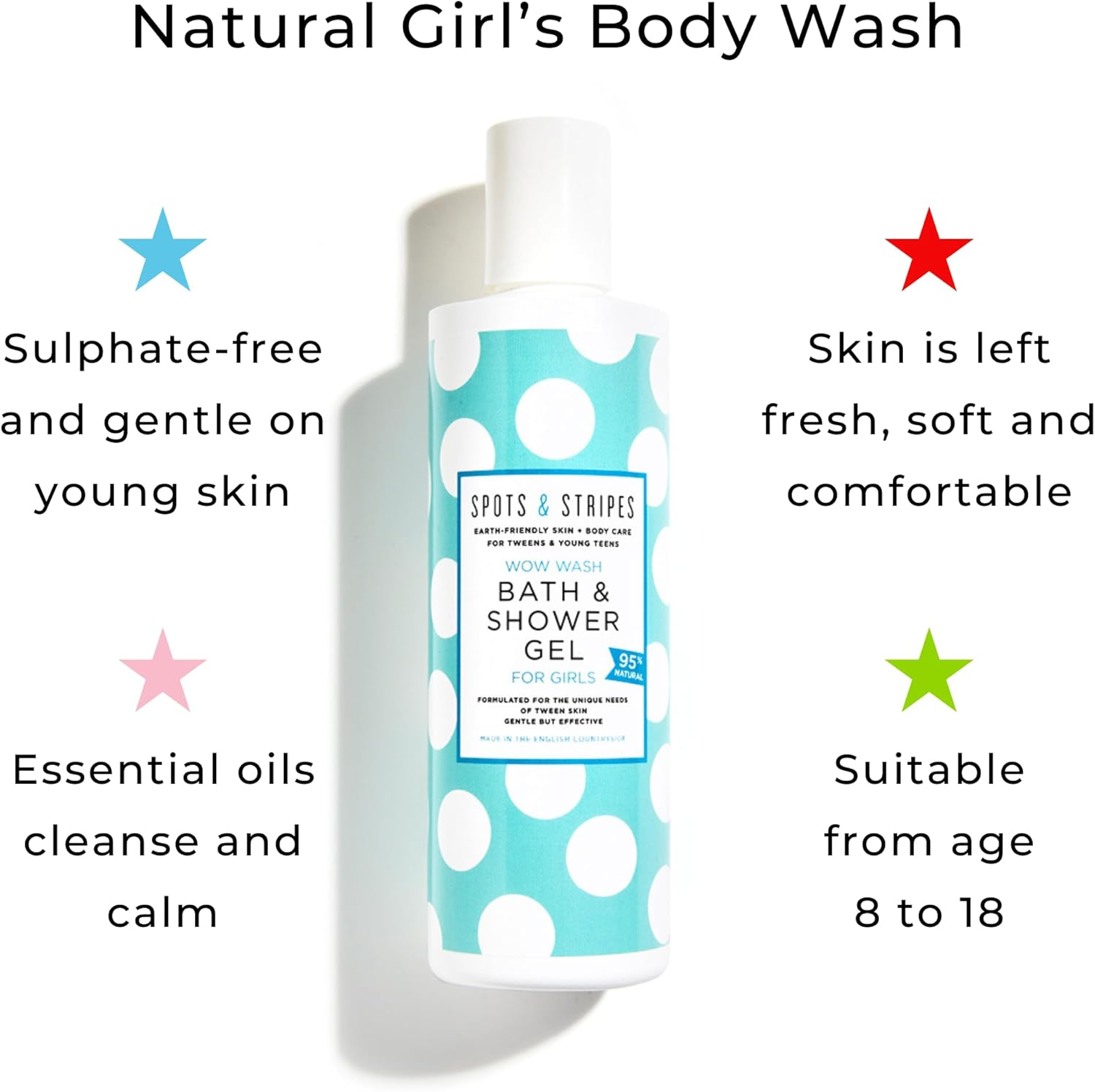 Spots & Stripes - Wow Wash Bath & Shower Gel for Girls, a Delicious-Smelling, Natural Kids Body Wash That Gently Cleans Young Bodies, Sulphate-Free and Moisturising, with Coconut and Vanilla (250Ml) image number 2