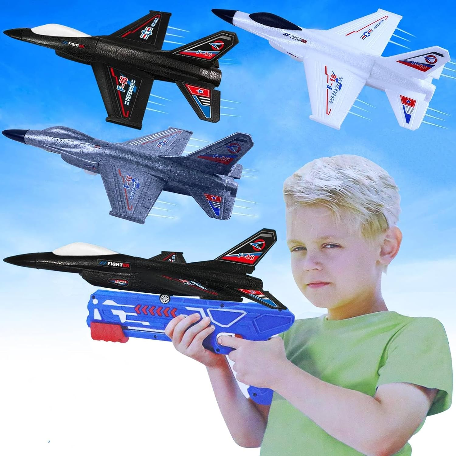 4 Pack Airplane Launcher Toy, Foam Throwing Glider Plane with Catapult Gun Game and Big 3Pcs 34CM F-16 Plane, Outdoor Sports Flying Gadget 3 4 5 6 7 8 9 10+ Years Old Boys Girls Xmas Birthday Gifts image number 1