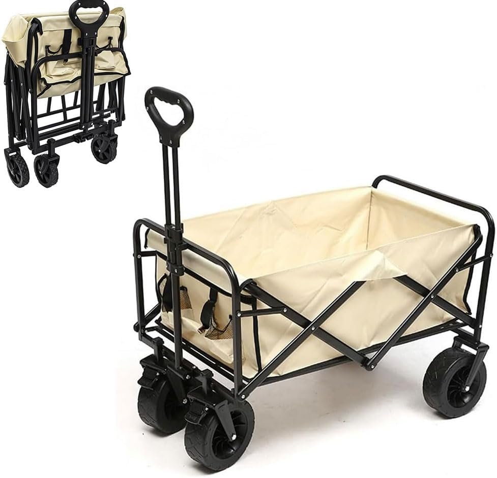 Collapsible Camping Wagon Cart with Wheels, Stall Outdoor Trailer, Folding Shopping Trolley, Easy-To-Store Foldable Camp Cart Heavy Duty Beach Wagon Cart for Groceries, Sports