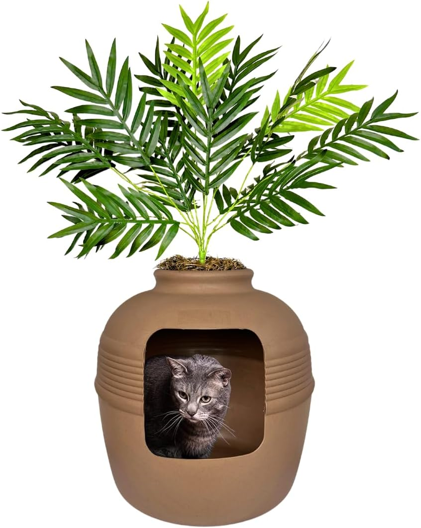 Good Pet Stuff Hidden Cat Litter Box Enclosure with Artificial Plant, Decorative round Planter, Vented Carbon Charcoal Filter for Odor Control, Easy-To-Clean, Made in USA, Base Kit, Black