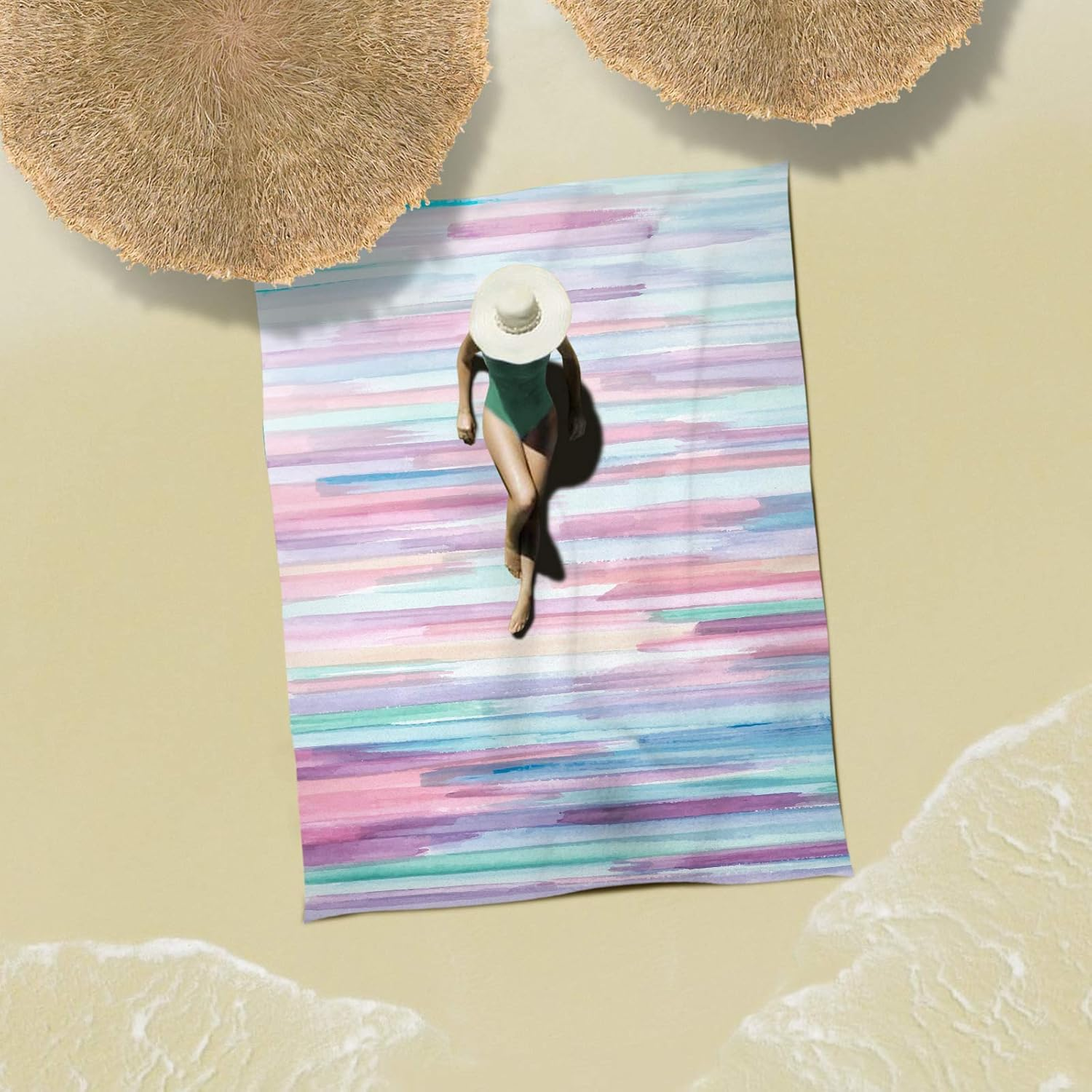 Sunlit Sand Proof Beach Blanket Sand Proof Mat with Corner Pockets and Mesh Bag 7' X 9' for Beach Party, Travel, Camping and Outdoor Music Festival, Watercolor Painting, Macaron Blue and Pink image number 1