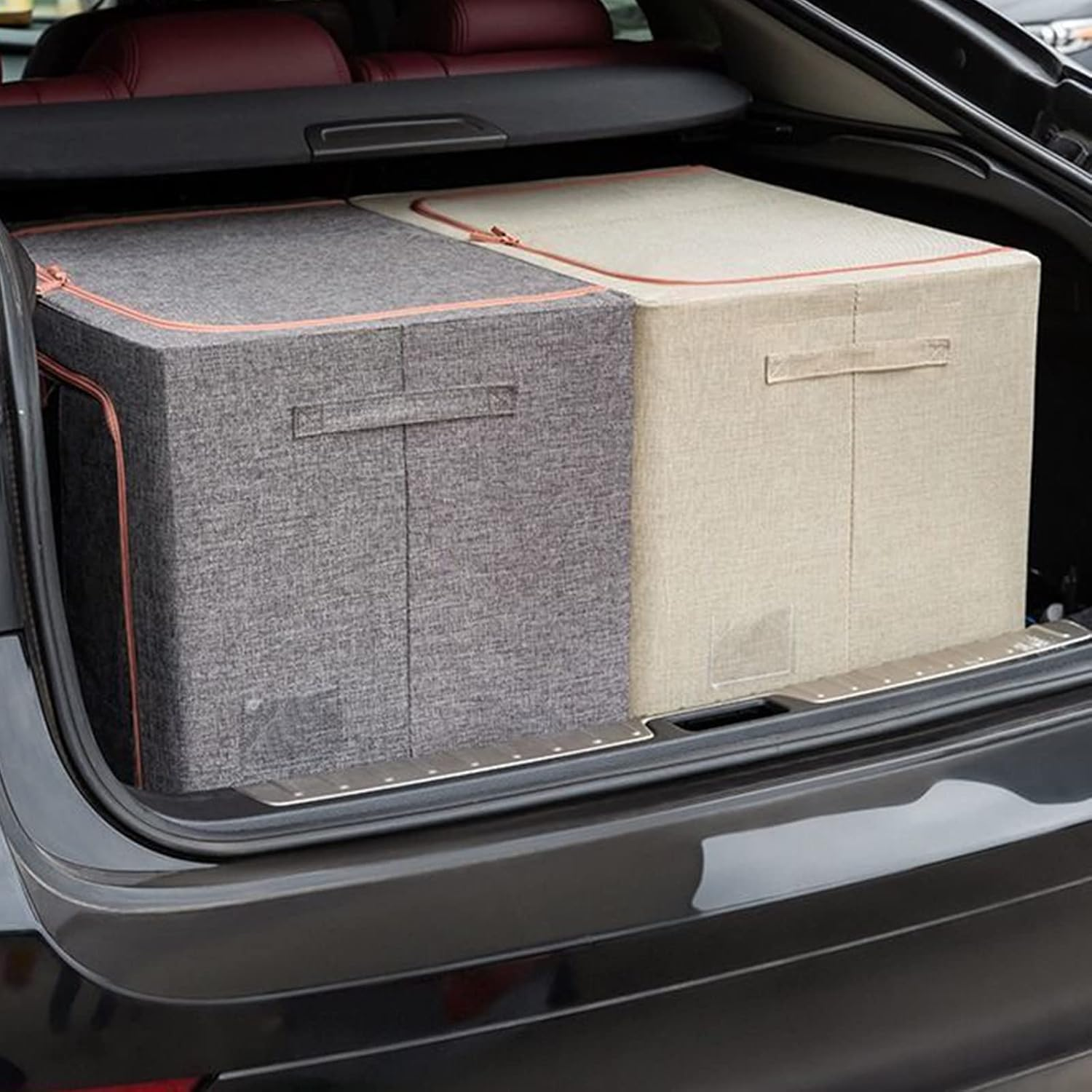 2 Pack Clothes Storage Box with Zipper, 66L Foldable Linen Container with Handles Large Capacity Storage Organizer (Beige 66L) image number 4