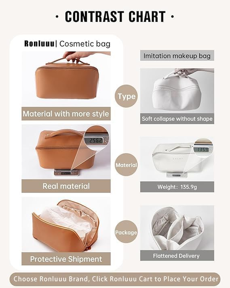 Travel Makeup Bag,Large Capacity Cosmetic Bags for Women,Waterproof Portable Pouch Open Flat Toiletry Bag Make up Organizer with Divider and Handle (Brown) image number 1