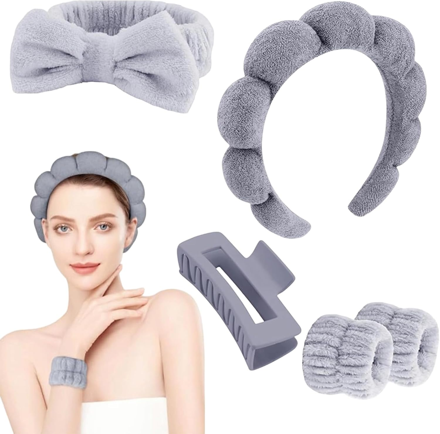 Skincare Headband, Makeup Headband Set with Wristbands, Grey Face Wash Headband and Wristband Set for Skincare, Makeup Removal, Shower, Includes Headband, Hair Clip and Wristbands