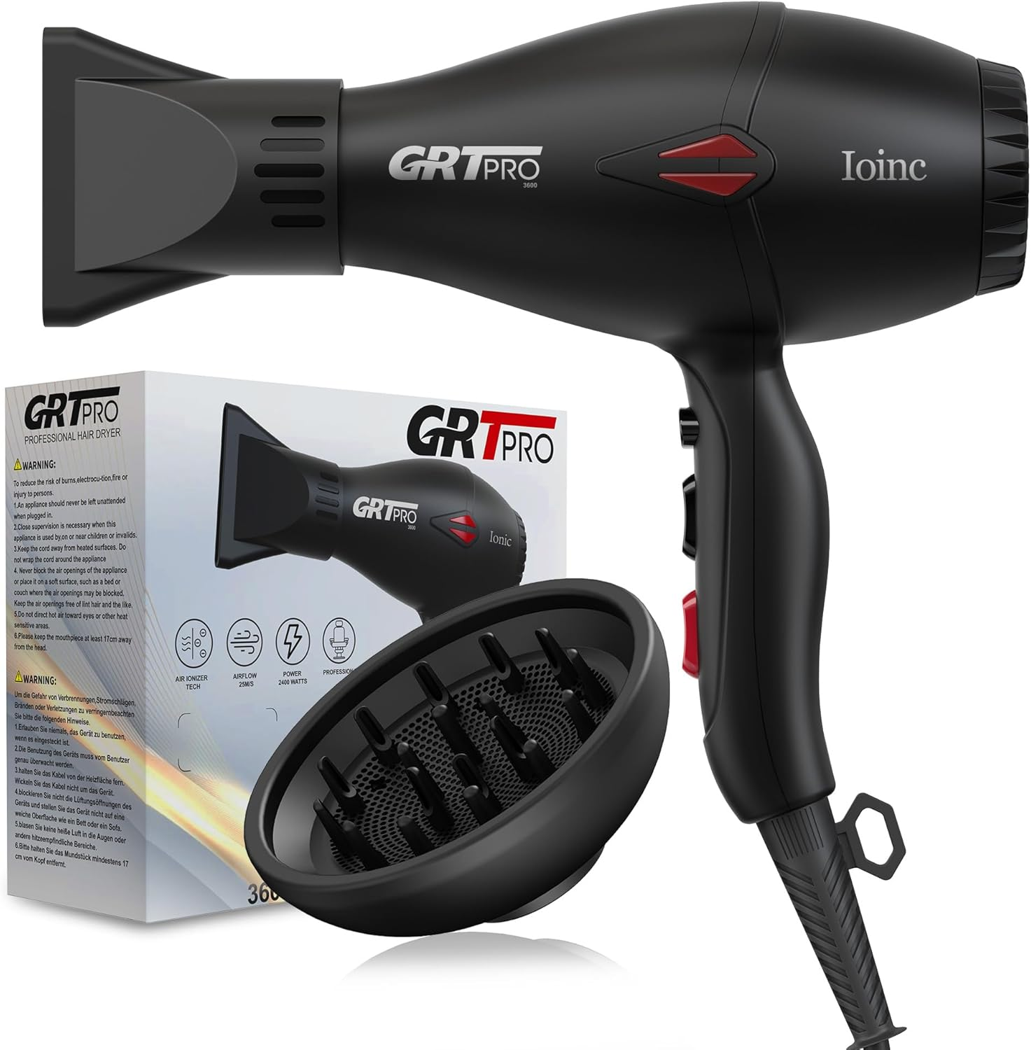 Professional Hair Dryer 2400W Ionic Hairdryer AC Motor 40 Million Negative Ions with 1 Diffuser & 1 Nozzle Accessories, Overheating Protection 2 Speeds 3 Heat Settings for Women Men Home Salon image number 3
