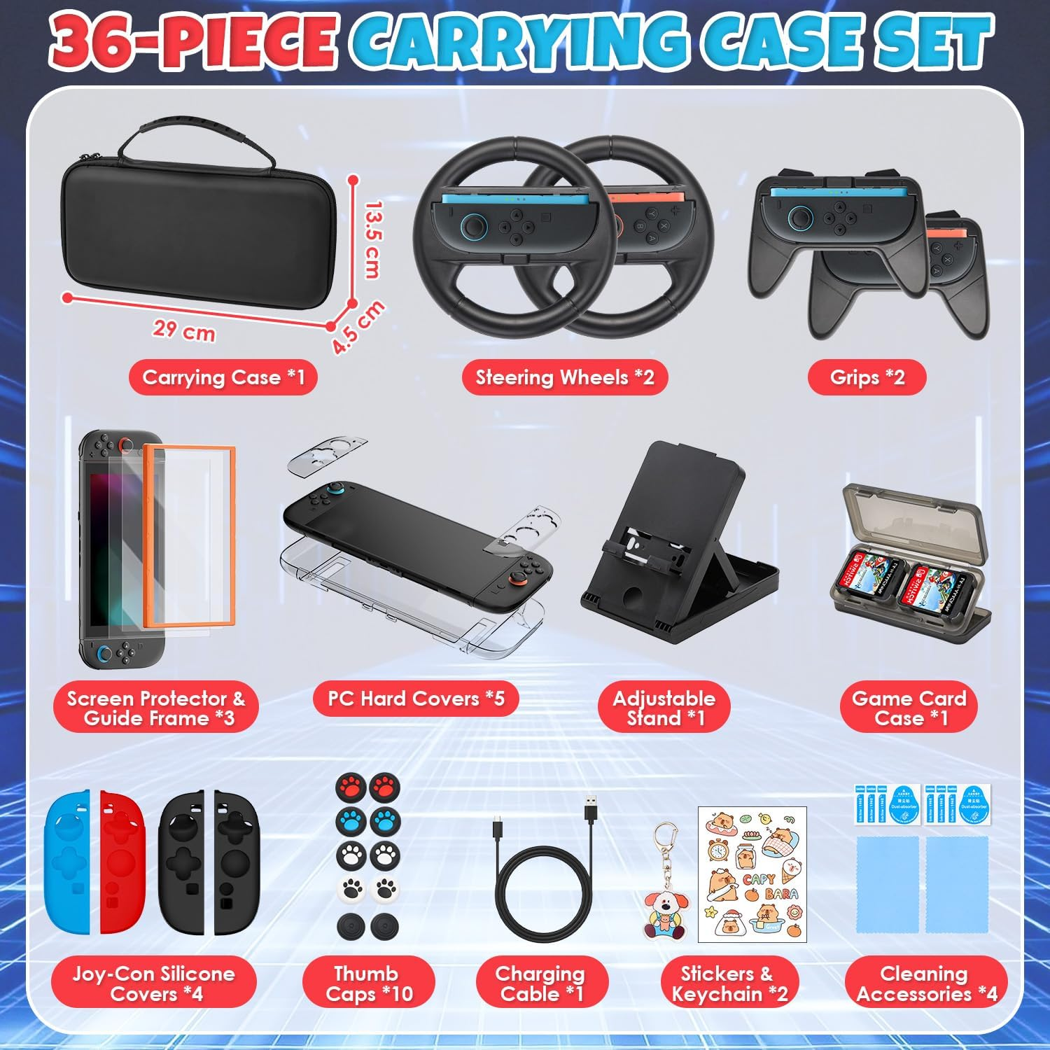 WOTOW Switch 2 Accessories Bundle Kit for Nintendo, Protective Carrying Case with Screen Protectors, Steering Wheels, Grips for Joy-Con2 and Console Protective Shells (Black) image number 6