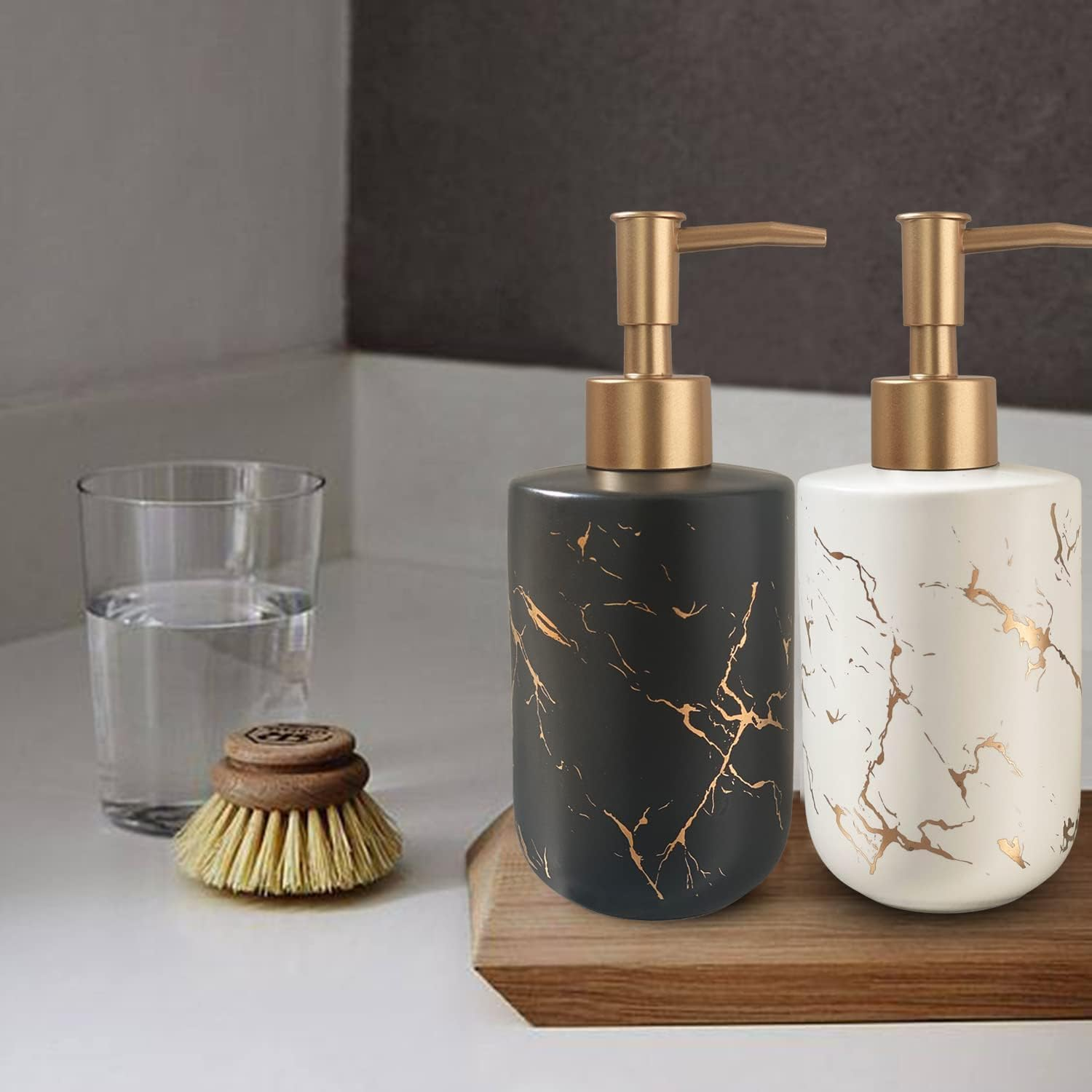 Gold Ceramic Soap Dispenser for Bathroom White Soap Dispenser for Kitchen Dish Soap Dispenser with Marble Pattern Liquid Hand Soap Dispenser Pump Bottle (White) image number 1