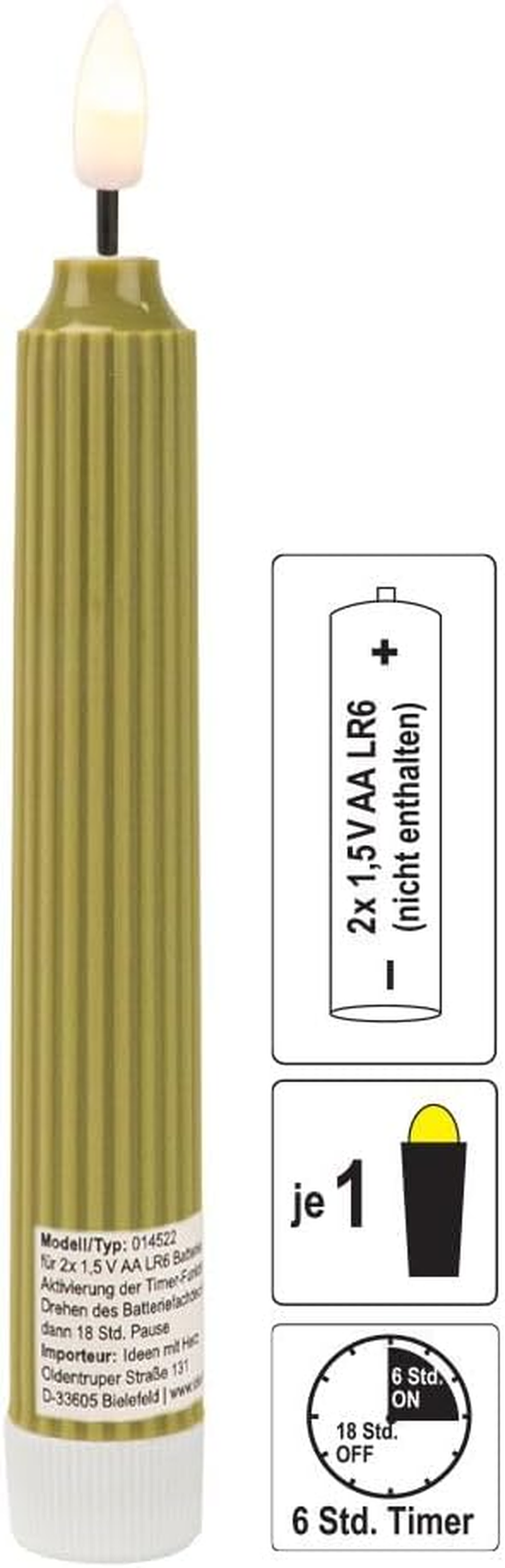 Ideen Mit Herz LED Taper Candles, Pack of 2, Artificial Decorative Candles in Retro Design, Warm White, with Realistic Flickering Effect and Timer Function, Battery Operated (Green)