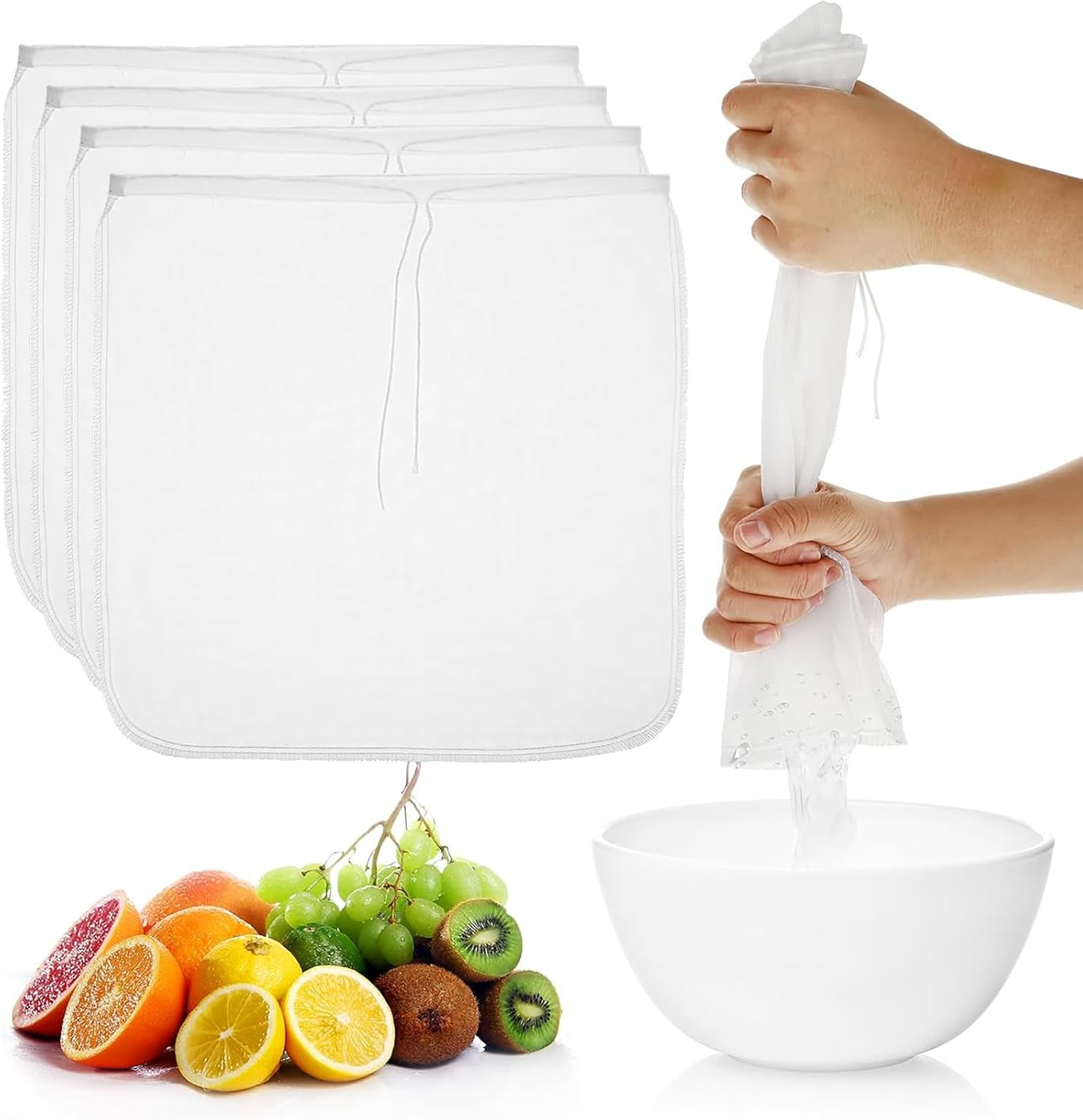 Rhoyee 4-Pack 12"X12" Nut Milk Bags &ndash; Reusable 100-Micron Fine Mesh Food Grade Nylon Strainer for Almond Milk, Cold Brew Coffee, Juice, Yogurt, Tea & Home Brewing &ndash; XL Cheesecloth Alternative image number 3