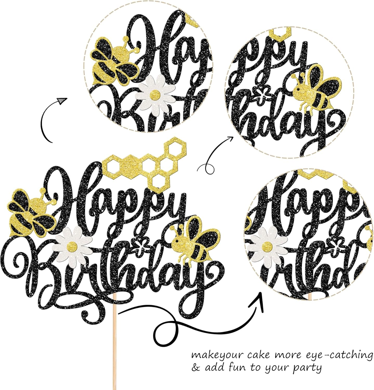 SYKYCTCY 1 Pack Bee Flower Happy Birthday Cake Topper Glitter Honeycomb Cake Pick for Bee Theme Baby Shower Kids Birthday Party Cake Decorations Supplies Black
