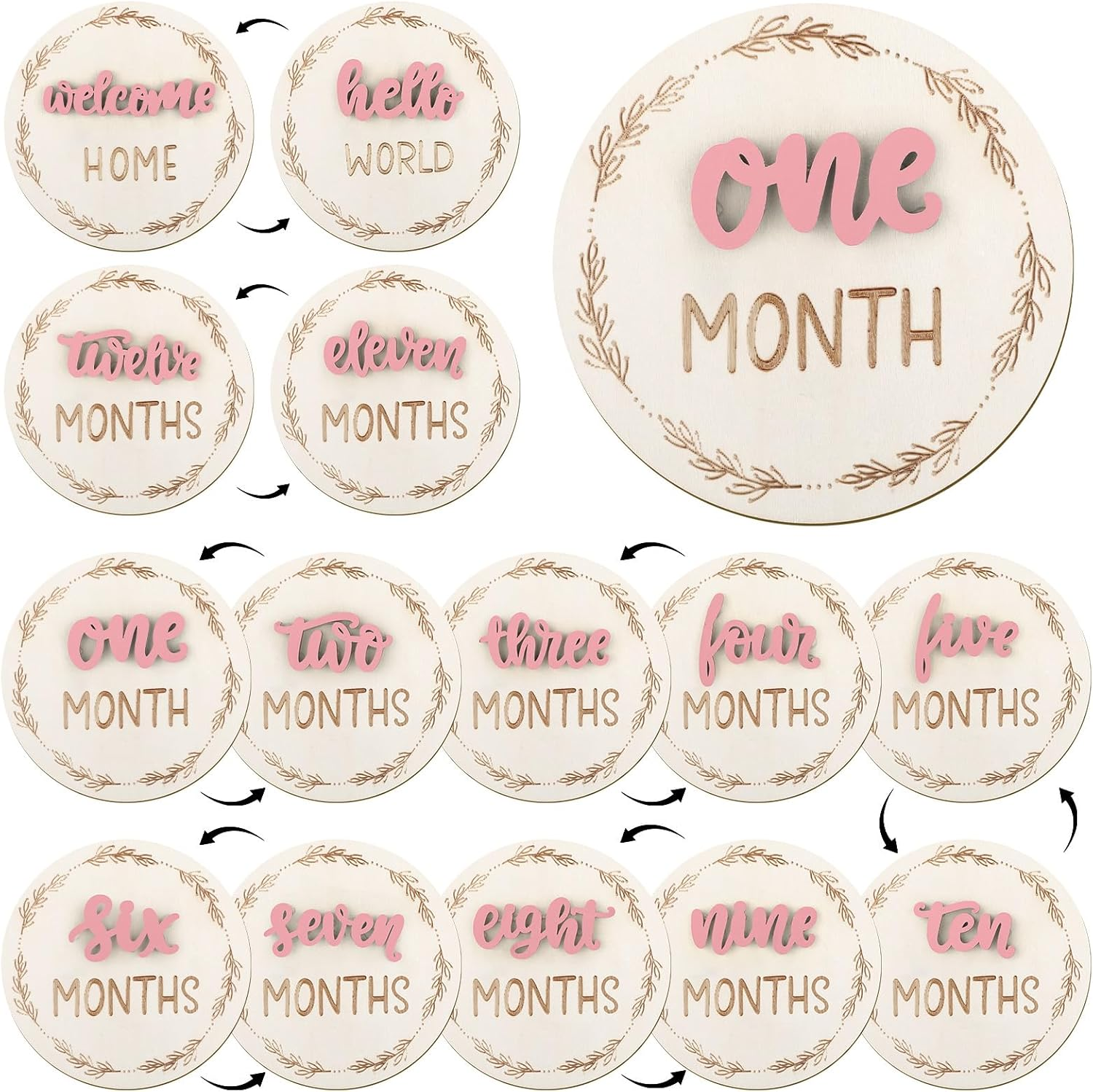 7 Pcs Baby Monthly Milestone Cards Sign, Double Sided 3D Baby Milestone Signs Baby Growth Cards Milestone Wooden Circles for Baby Boy Girls 1-12 Months Baby Milestone Pictures (Double Sided)