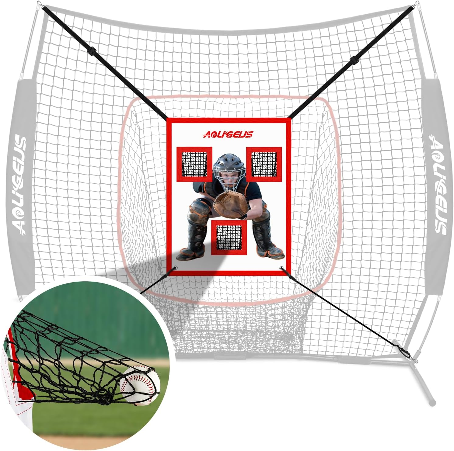 AOLIGEIJS Adjustable Pitching Pad, 3 Pocket Strike Zone Target for Baseball & Softball Net, with Realistic Catcher for Accuracy Training image number 3