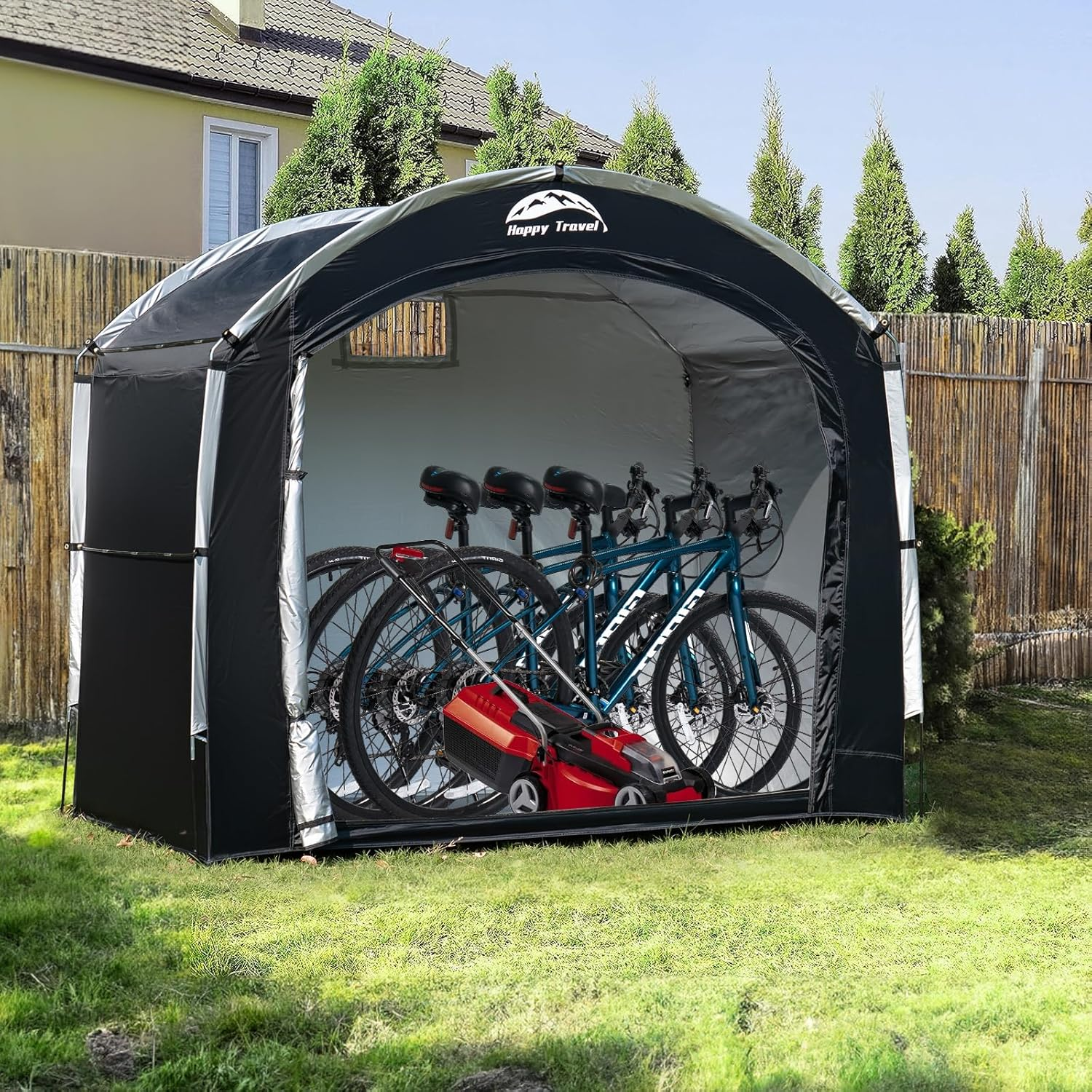 Happy Travel Bike Storage Tent Shed,Large Outdoor Waterproof Bicycle Covers Shelter with Window for 2/4/6/8 Bikes,Oversized outside Portable Sheds for Lawn Mower,Garden Tools (Black) image number 5