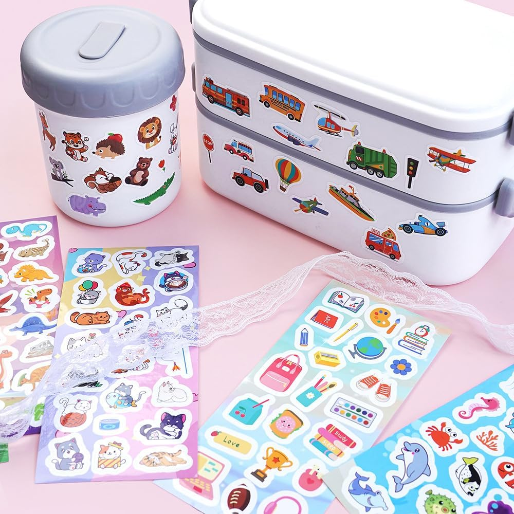 460Pcs Stickers for Kids, 24 Sheets Mixed Water Bottle Vinyl Stickers Pack for Kids with Cute Animals, Cars,Excavator,Stationery, Fruit, Poultry, Dog, Dinosaur, Butterfly, Cake, Ocean, Cat Sticker