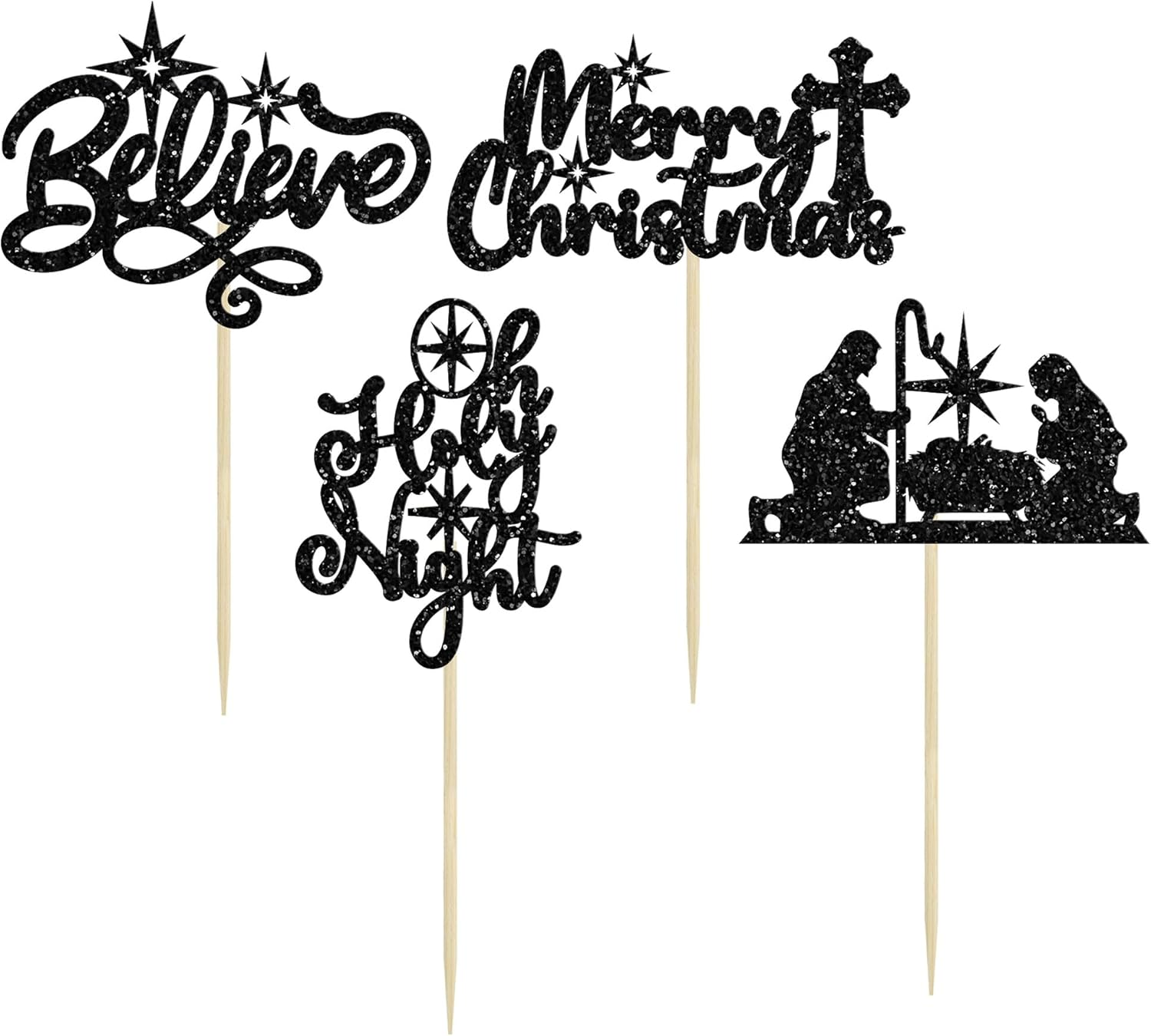 24Pcs Christmas Nativity Cupcake Toppers Glitter Holy Night Blessed Hope Believe Jesus Birthday Cupcake Picks for Nativity Scene Theme Merry Christmas Party Cake Decorations Supplies Black image number 5