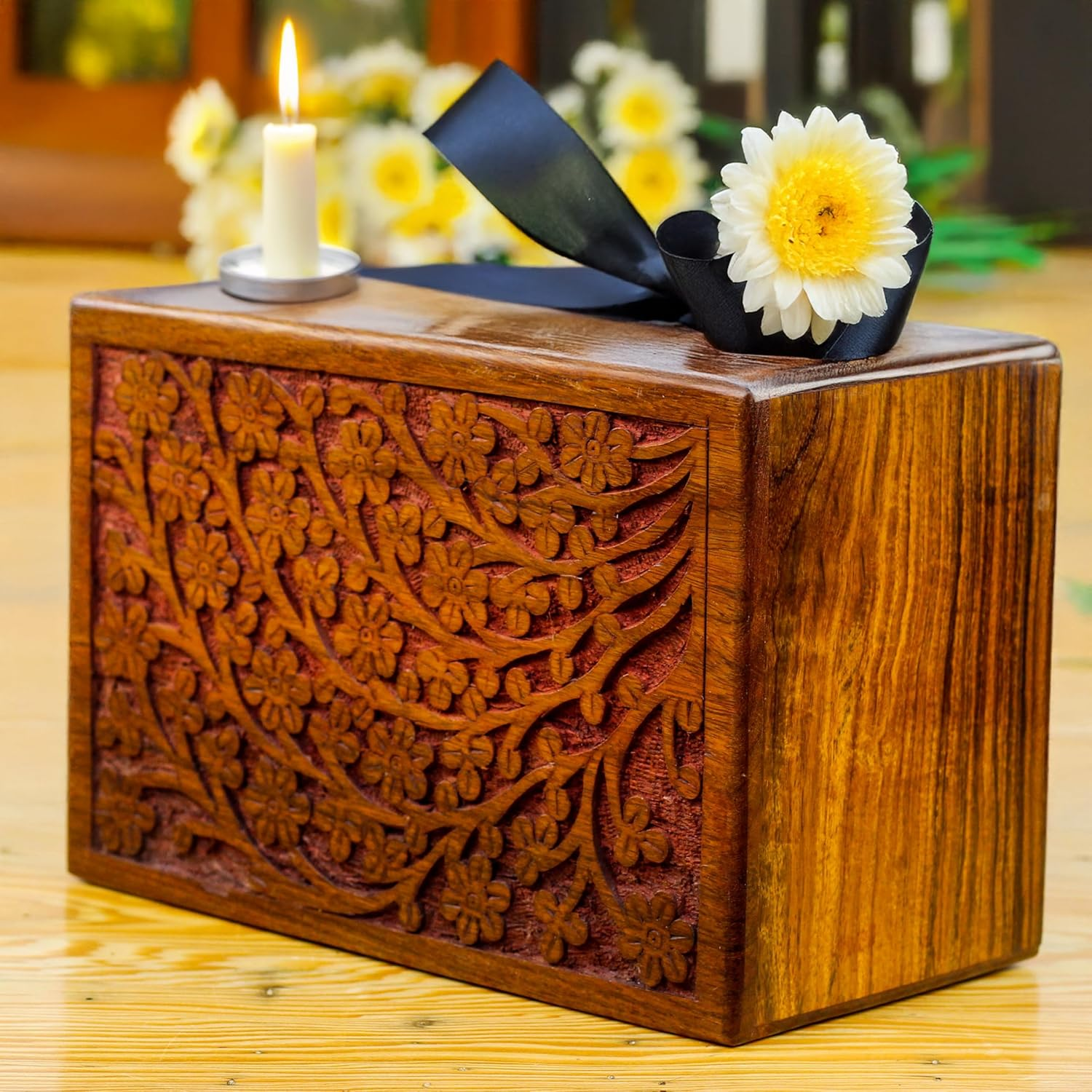 Artisans Crafted Premium Rosewood Decorative Hand Carved Wooden Urns | Carved with Precision | Memorial Wooden Urns for Loved Ones | Nagina International (Medium) image number 3